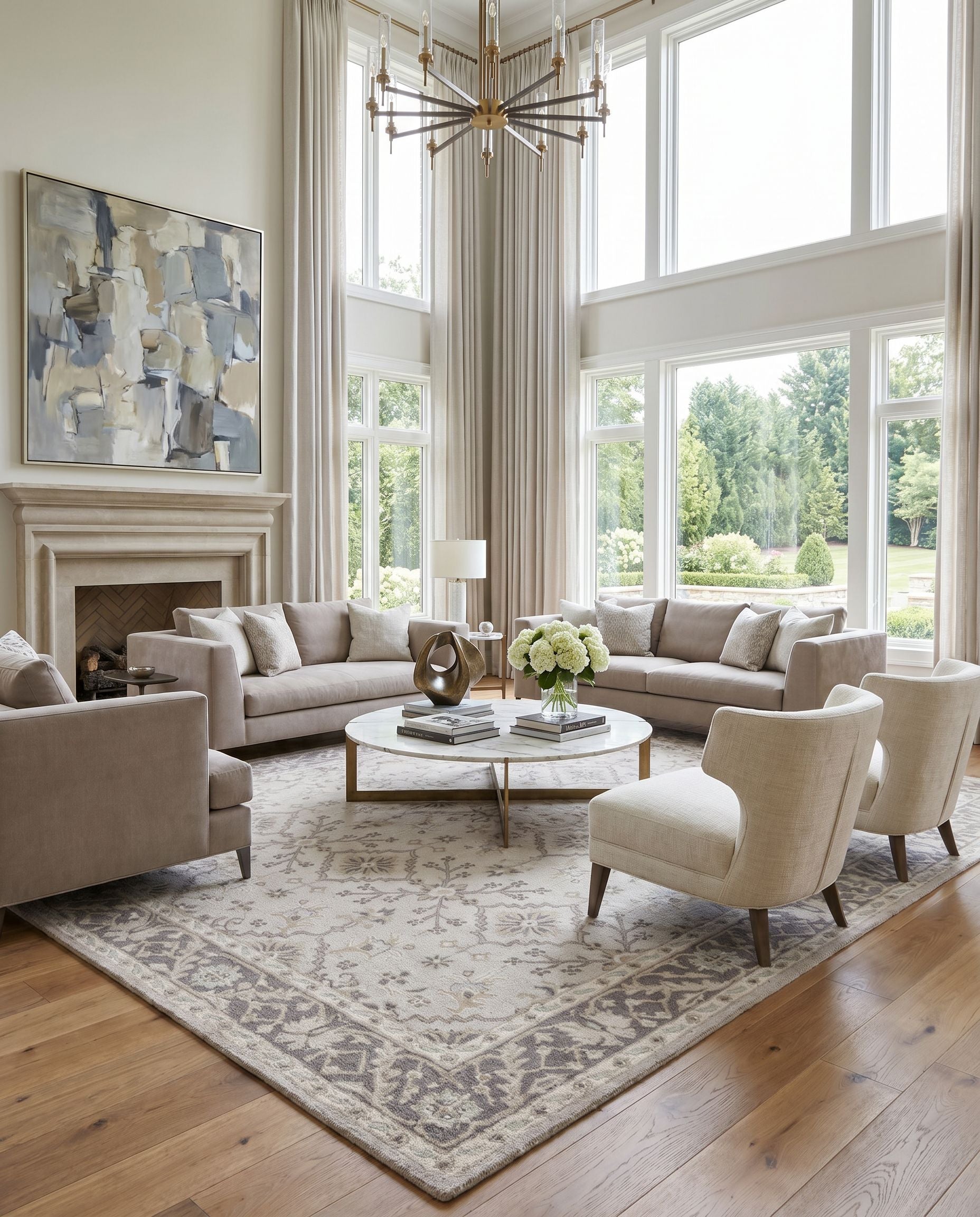 Castille CTL-2000 Hand Tufted Rug styled in an elegant designer living room — hand tufted traditional area rug in medium gray, charcoal, off-white and light brown tones