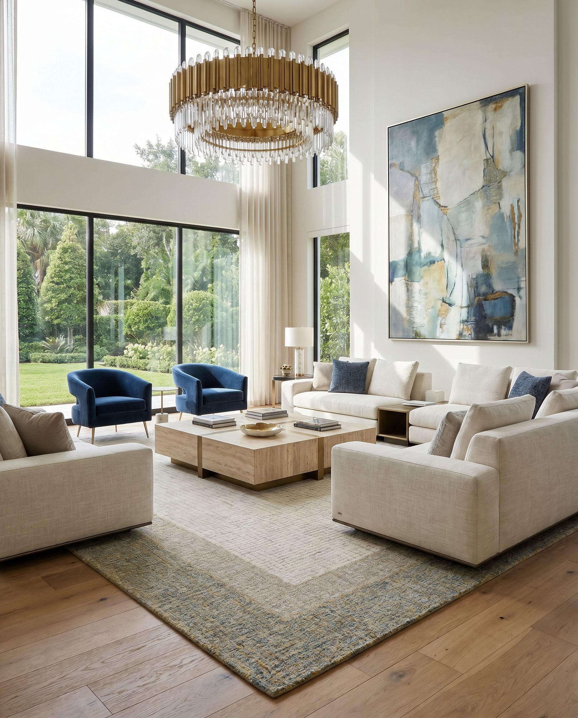 Elena EAE-2301 Hand Tufted Rug styled in an elegant designer living room — hand tufted modern area rug in dusty sage, tan, light beige and cream tones