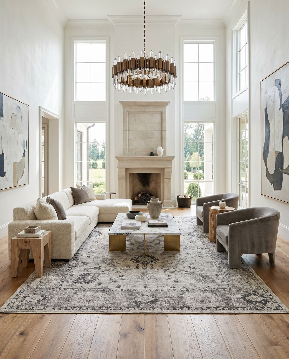Wilson WSN-2309 Hand Loomed Rug styled in an elegant designer living room — hand loomed traditional area rug in charcoal, medium gray, gray and light gray tones