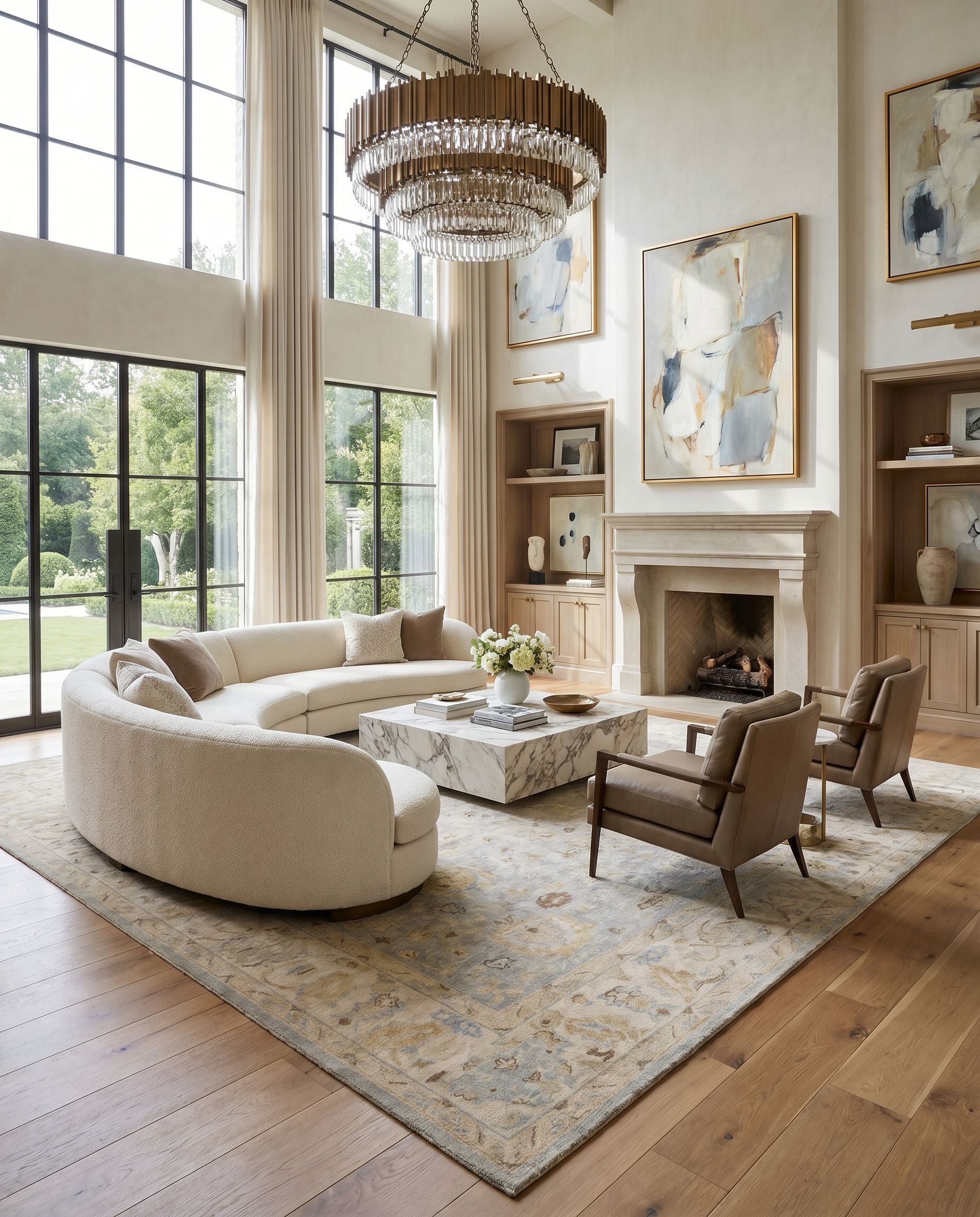 Normandy NOY-8011 Hand Knotted Rug styled in an elegant designer living room — hand knotted traditional area rug in oatmeal, taupe, pale blue and blue tones