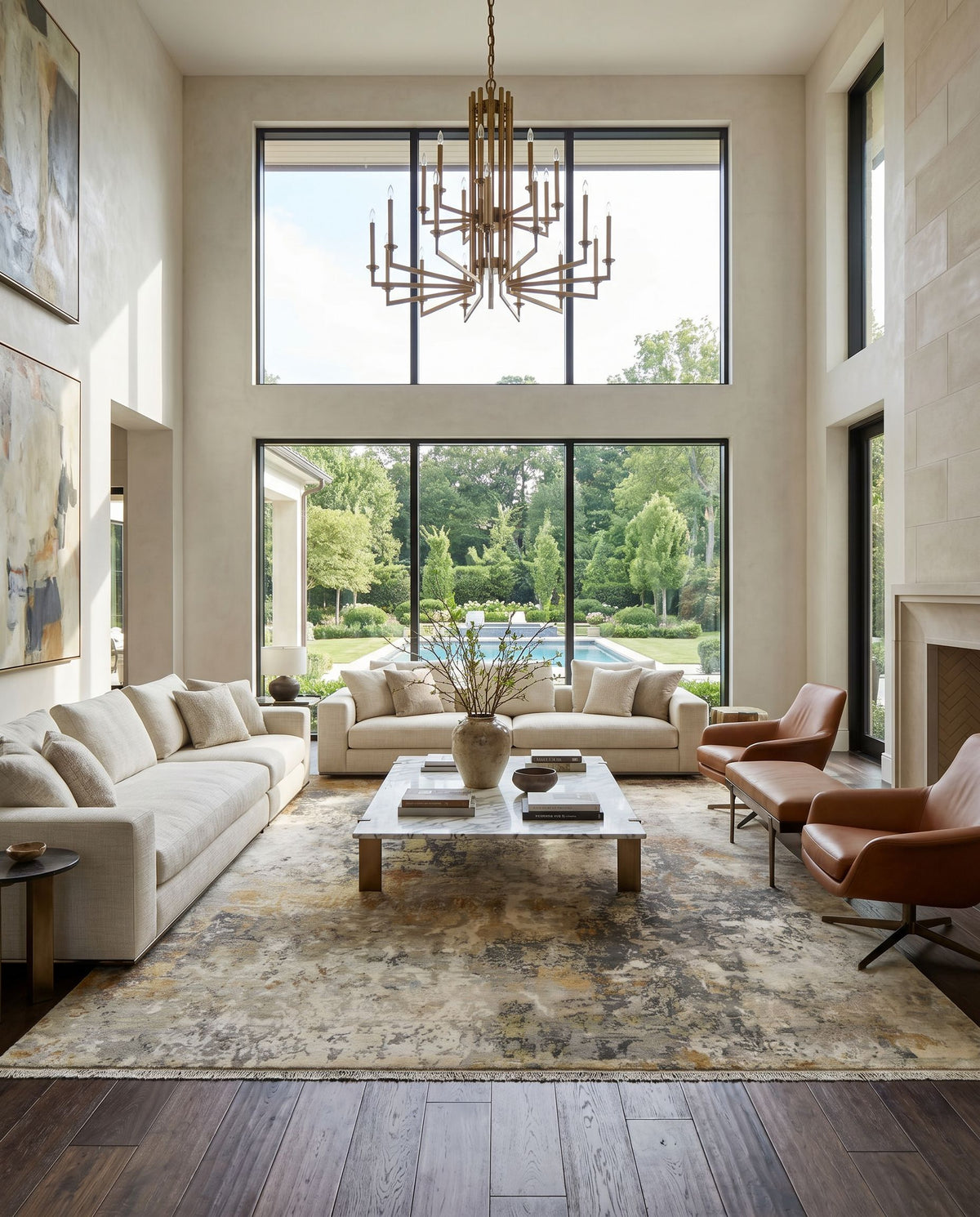 Colaba COA-2004 Hand Knotted Rug styled in an elegant designer living room — hand knotted modern area rug in sage, dusty sage, mustard and light olive tones