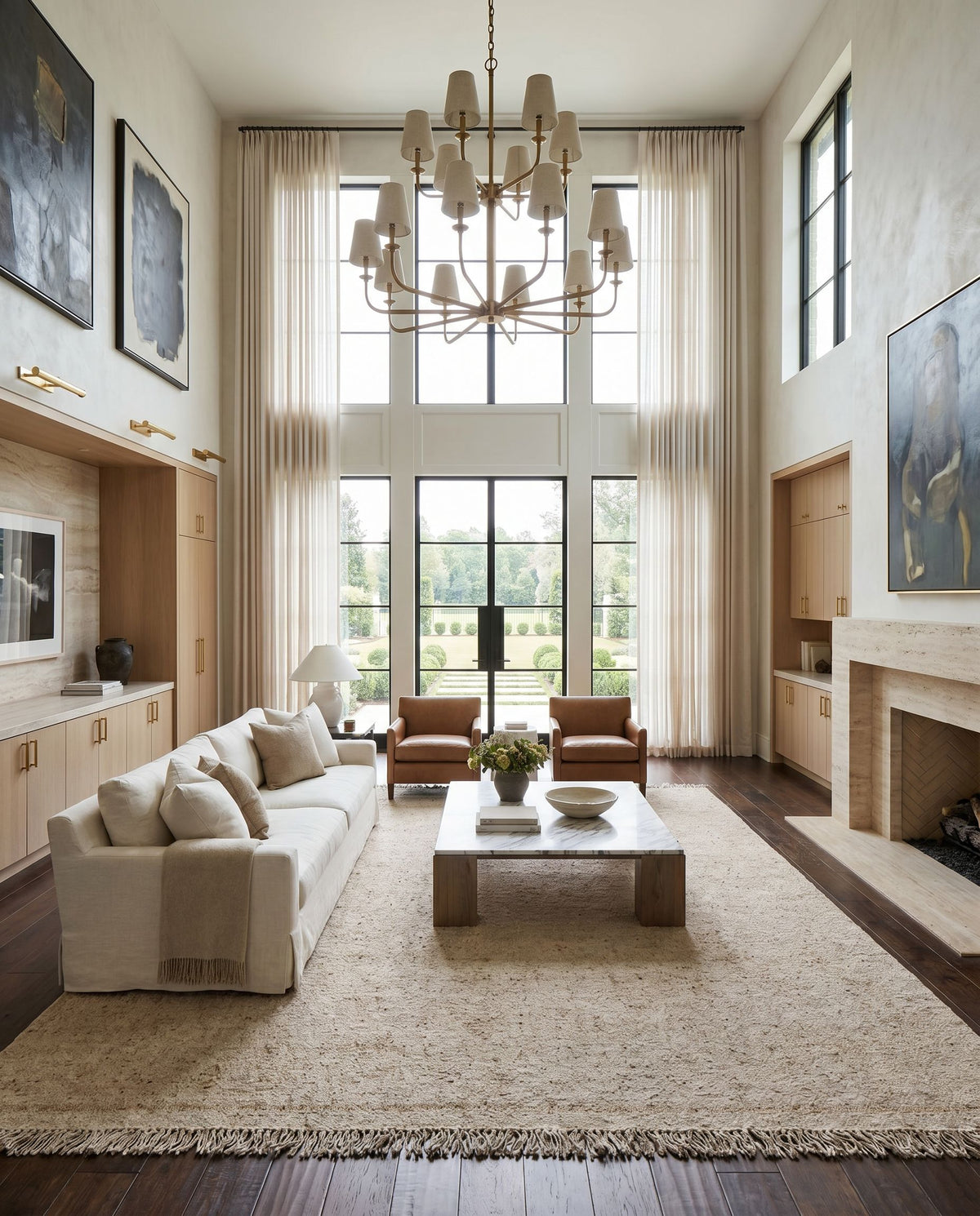 Aarhus ARU-2301 Hand Woven Rug styled in an elegant designer living room — hand woven cottage area rug in tan tones