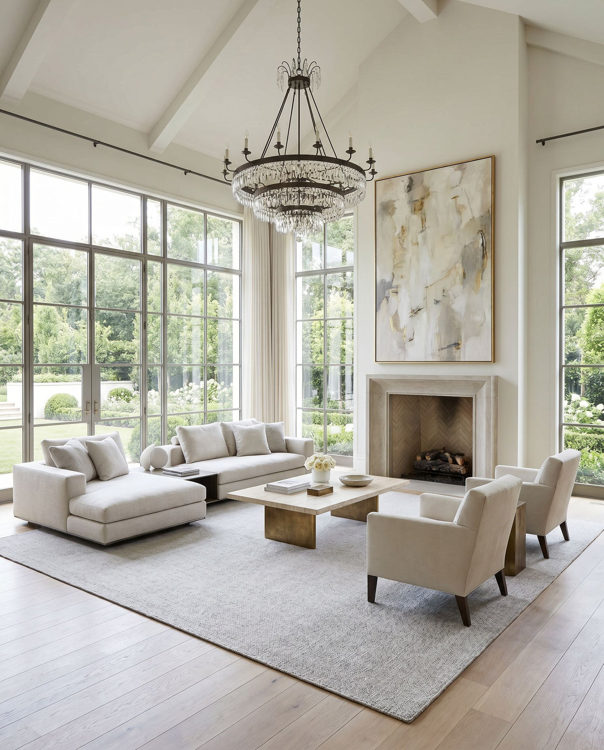 Salome SME-2300 Hand Loomed Rug styled in an elegant designer living room — hand loomed cottage area rug in ivory, pearl and cream tones