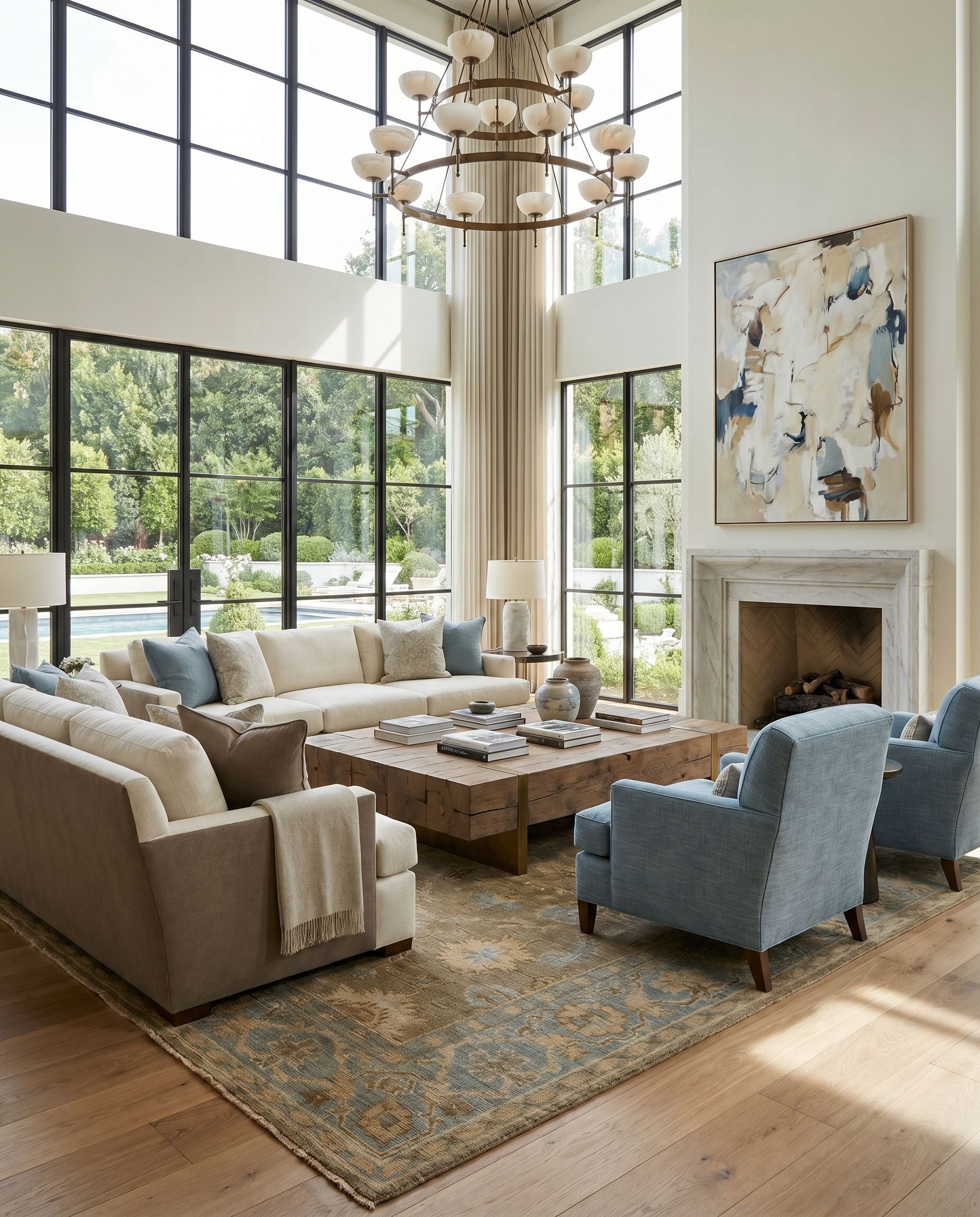 Reign REG-2315 Hand Knotted Rug styled in an elegant designer living room — hand knotted traditional area rug in dusty sage, denim, tan and ivory tones