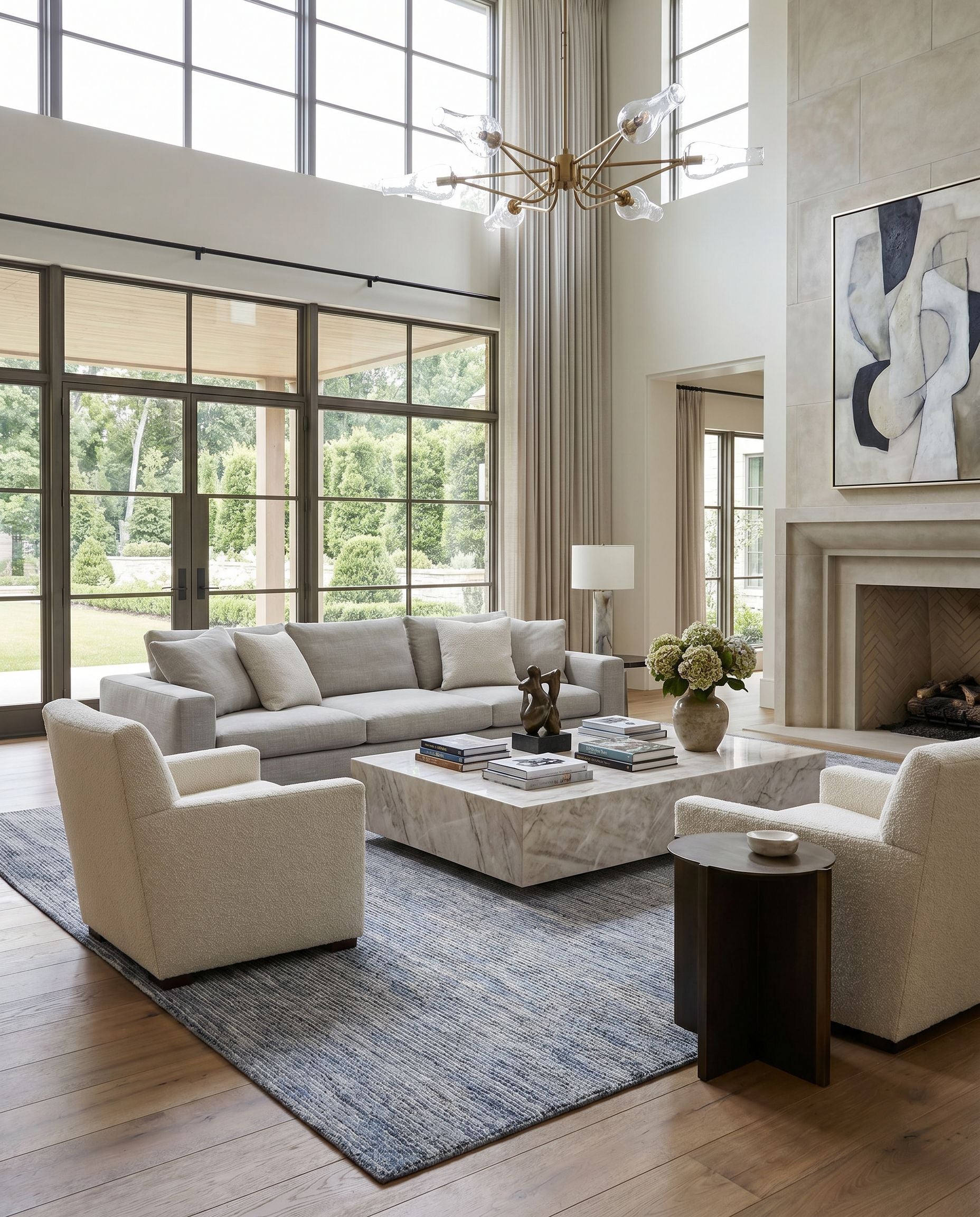 Cisse CCC-2300 Hand Tufted Rug styled in an elegant designer living room — hand tufted cottage area rug in cream, light gray and black tones