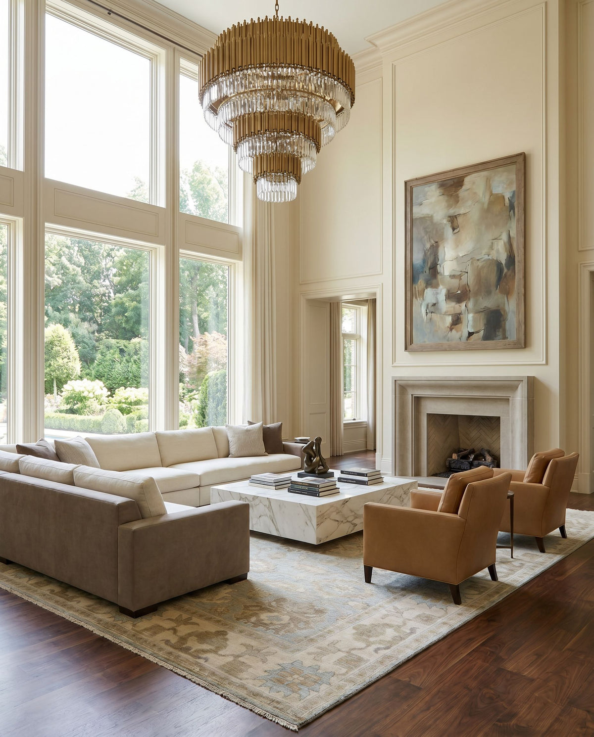 Hillcrest HIL-9033 Hand Knotted Rug styled in an elegant designer living room — hand knotted traditional area rug in wheat, light sage, mustard and beige tones