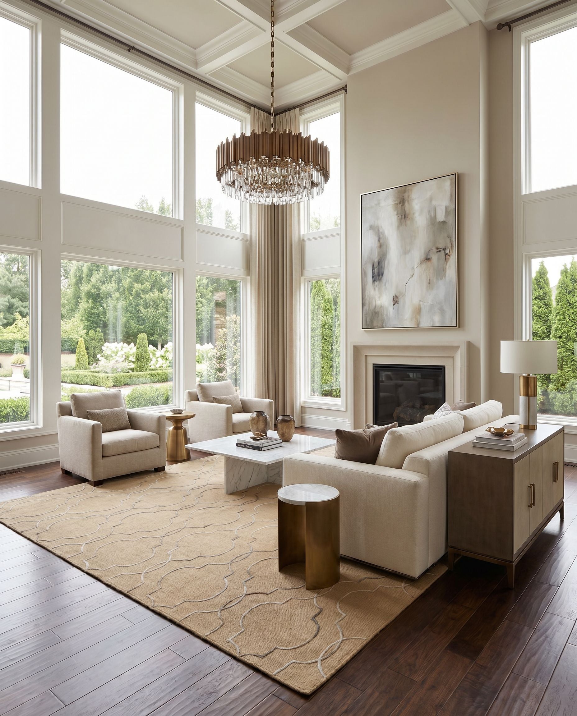 Seabrook SBK-9021 Hand Woven Rug styled in an elegant designer living room — hand woven global area rug in tan, charcoal, brown and ivory tones