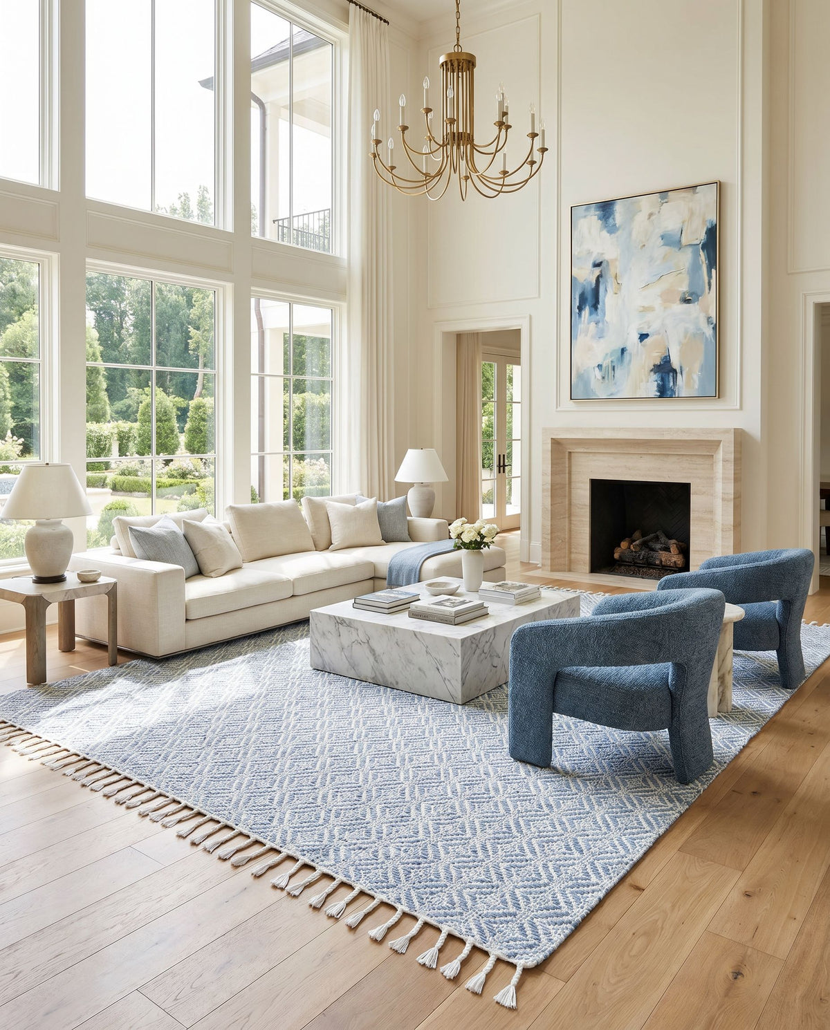 Peony PON-2304 Hand Woven Rug styled in an elegant designer living room — hand woven transitional, traditional area rug in powder blue, sky blue and ivory tones