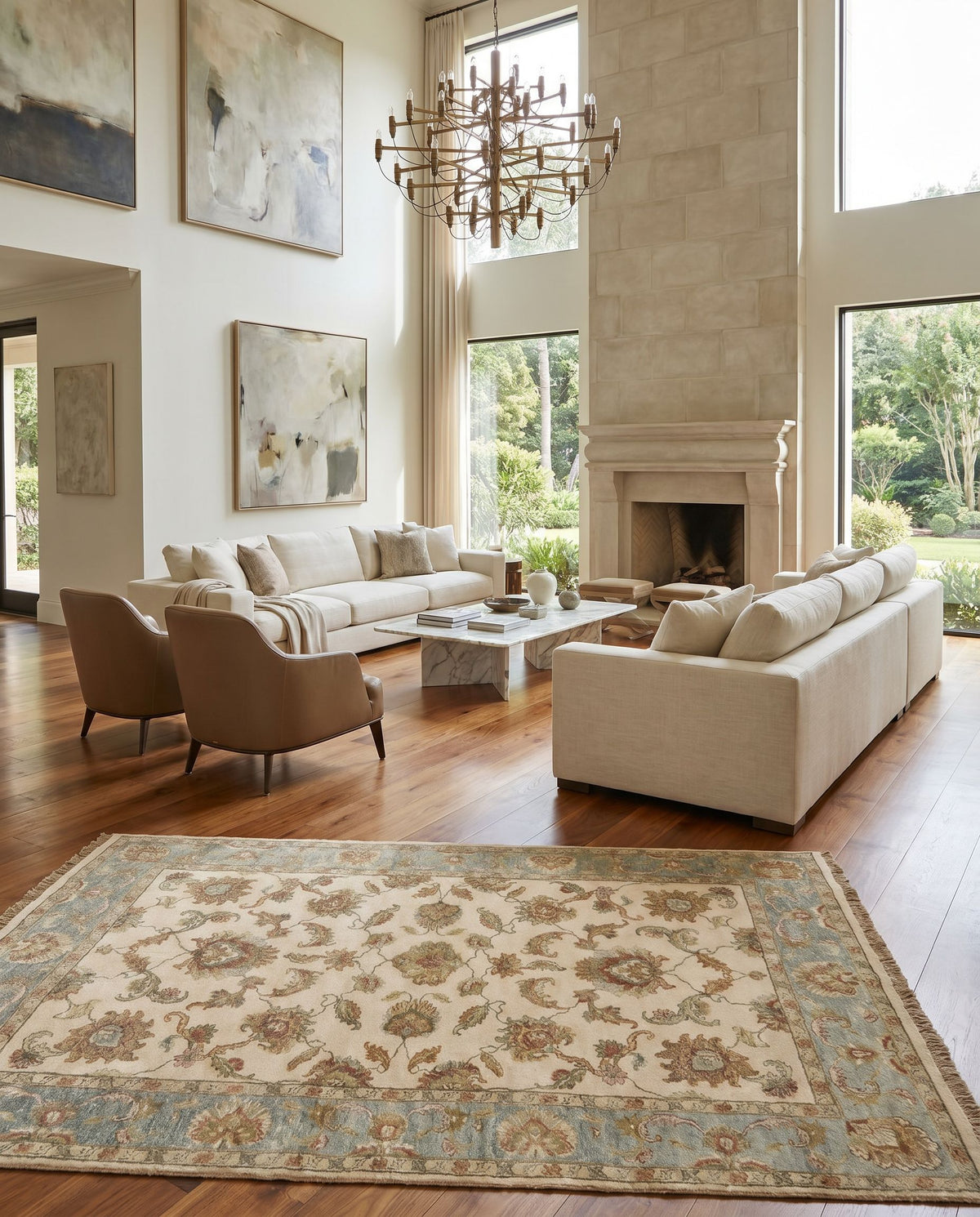 Timeless TIM-7913 Hand Knotted Rug styled in an elegant designer living room — hand knotted traditional area rug in light beige, seafoam, light gray and dusty sage tones