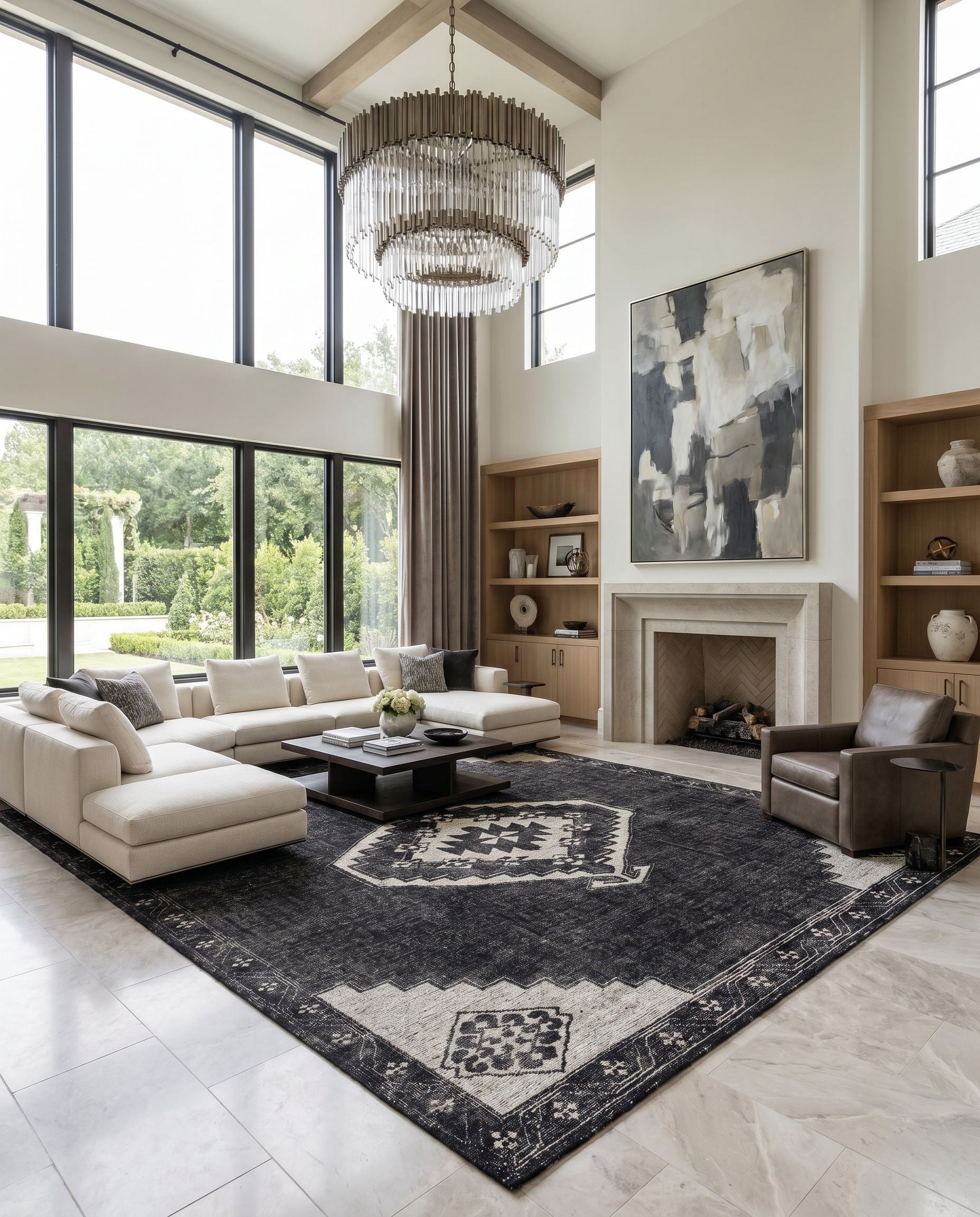 Burnley BUY-2300 Hand Knotted Rug styled in an elegant designer living room — hand knotted traditional area rug in black and light beige tones