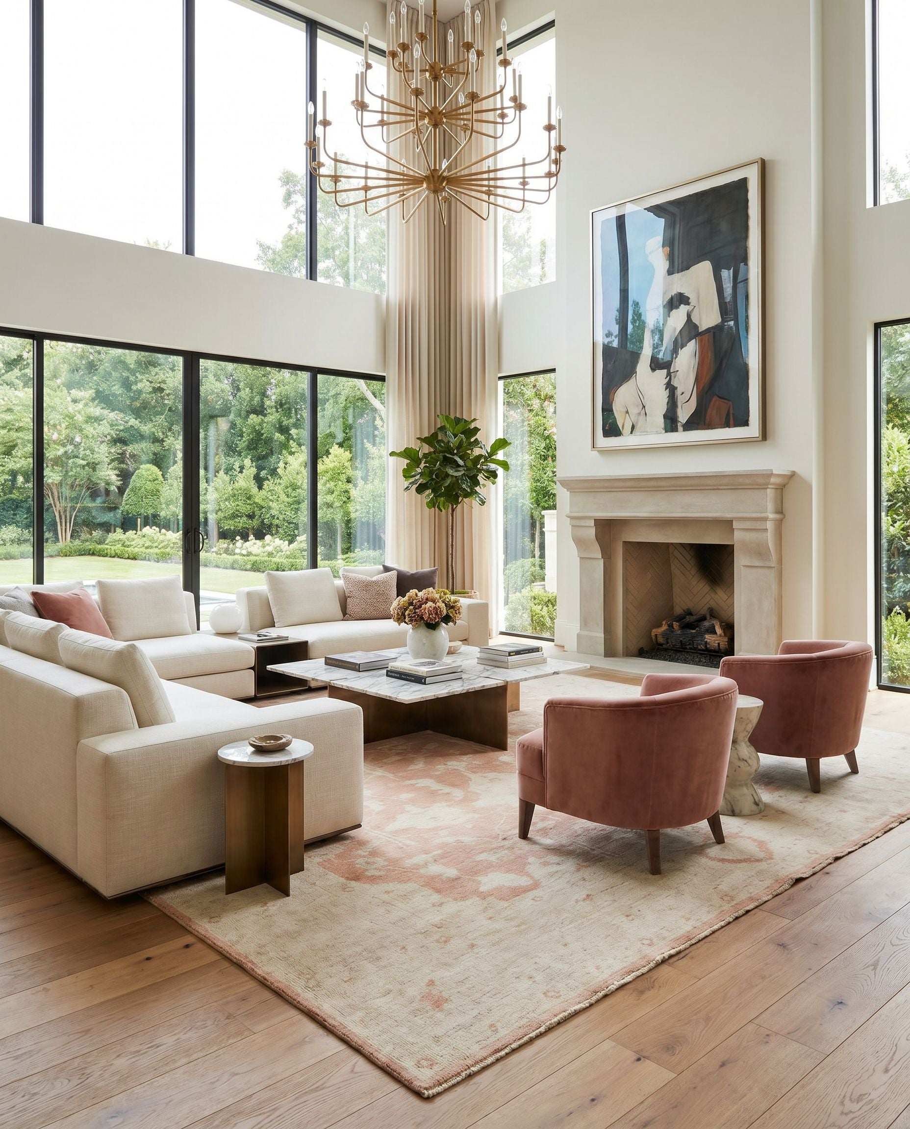 Normandy NOY-8000 Hand Knotted Rug styled in an elegant designer living room — hand knotted traditional area rug in beige, dusty pink and light gray tones