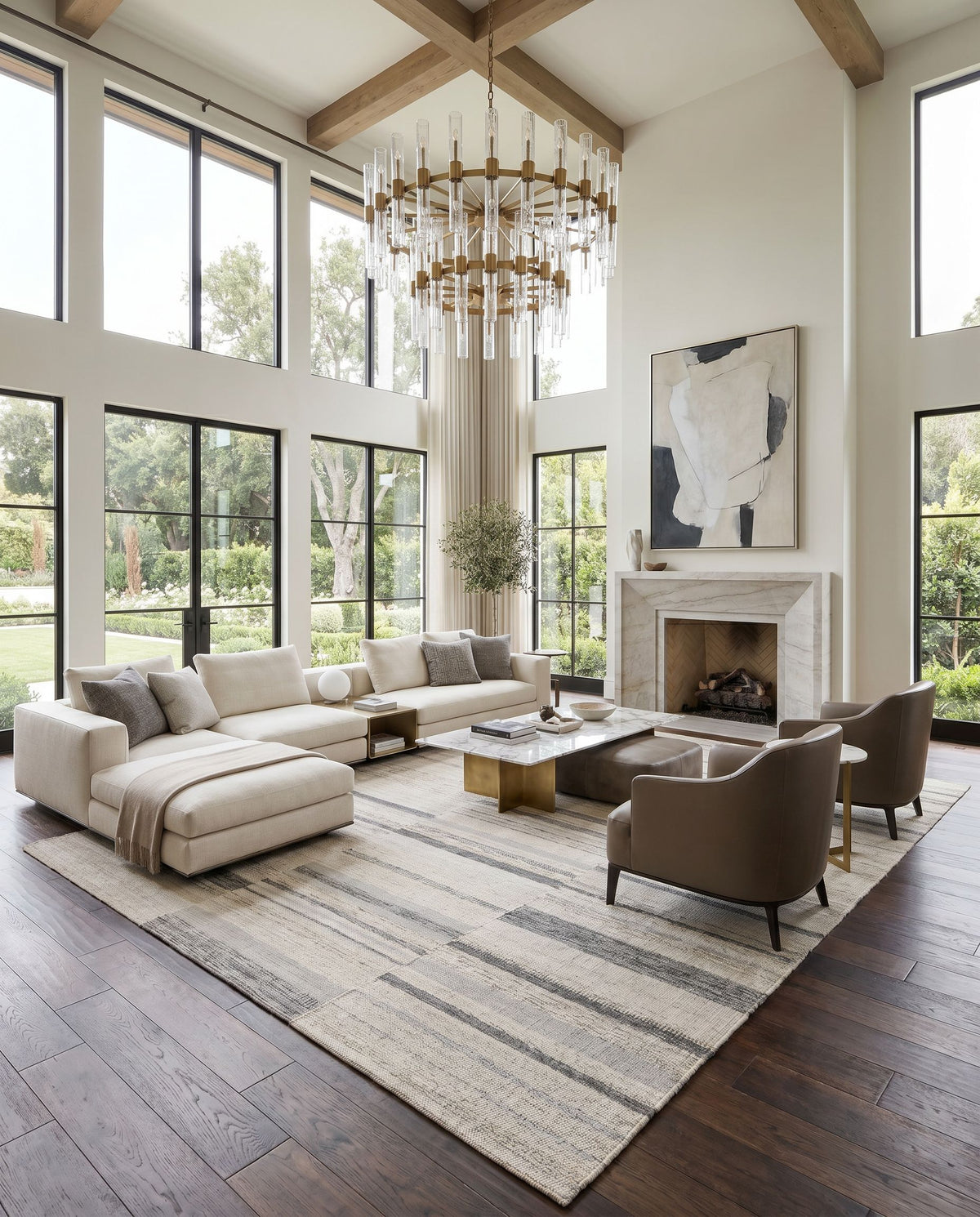 Scandi SCD-2305 Hand Woven Rug styled in an elegant designer living room — hand woven global area rug in black, medium gray, light gray and tan tones