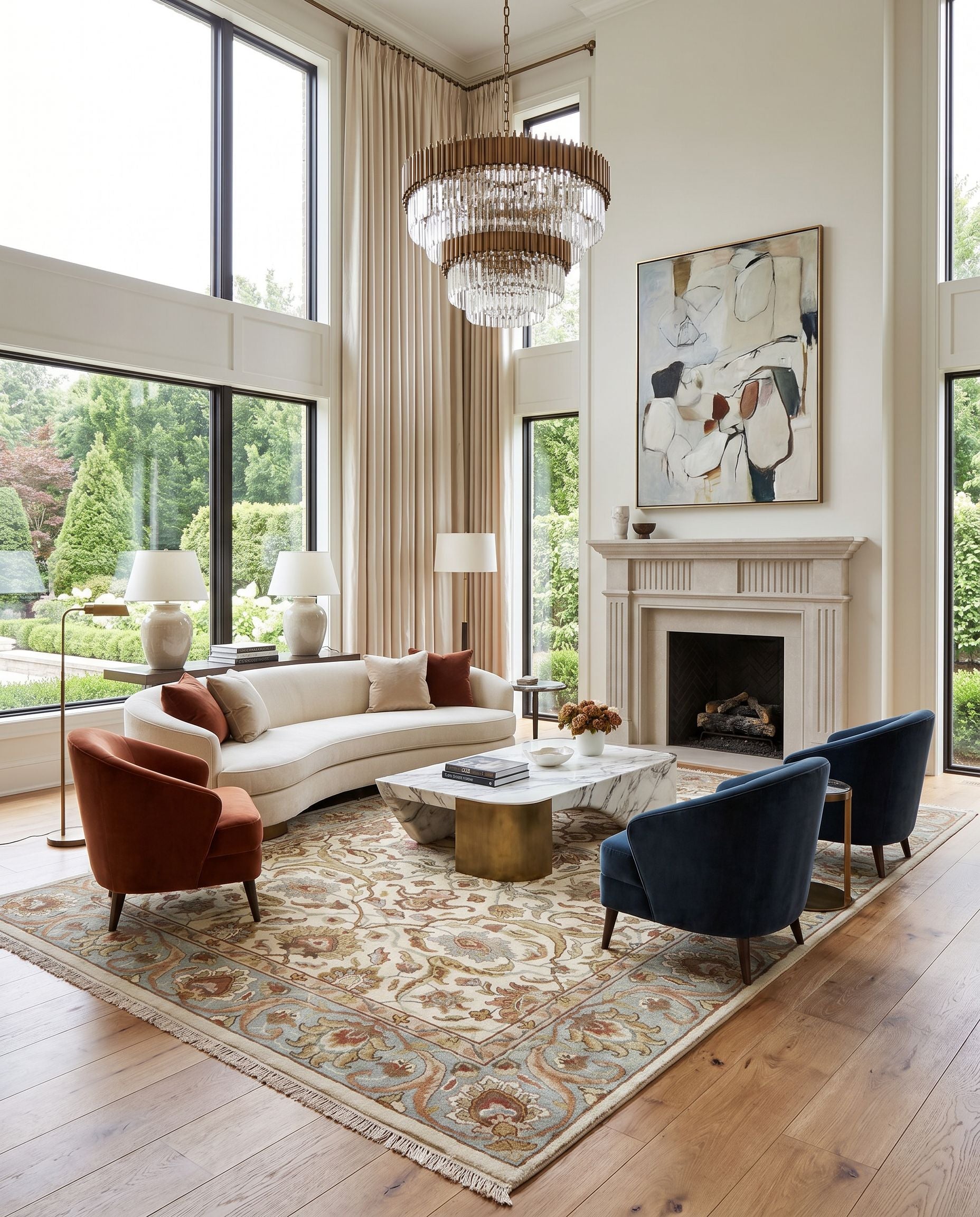 Taj Mahal TJ-1123 Hand Knotted Rug styled in an elegant designer living room — hand knotted traditional area rug in light beige, sage, tan and brown tones