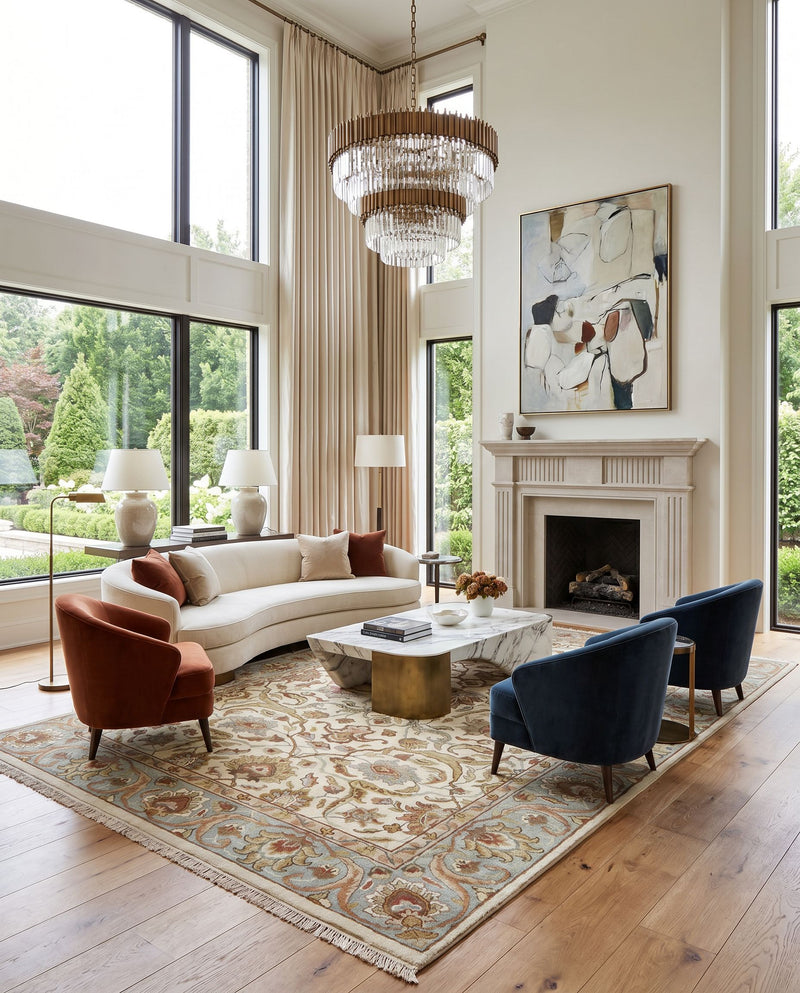 Taj Mahal TJ-1123 Hand Knotted Rug styled in an elegant designer living room — hand knotted traditional area rug in light beige, sage, tan and brown tones