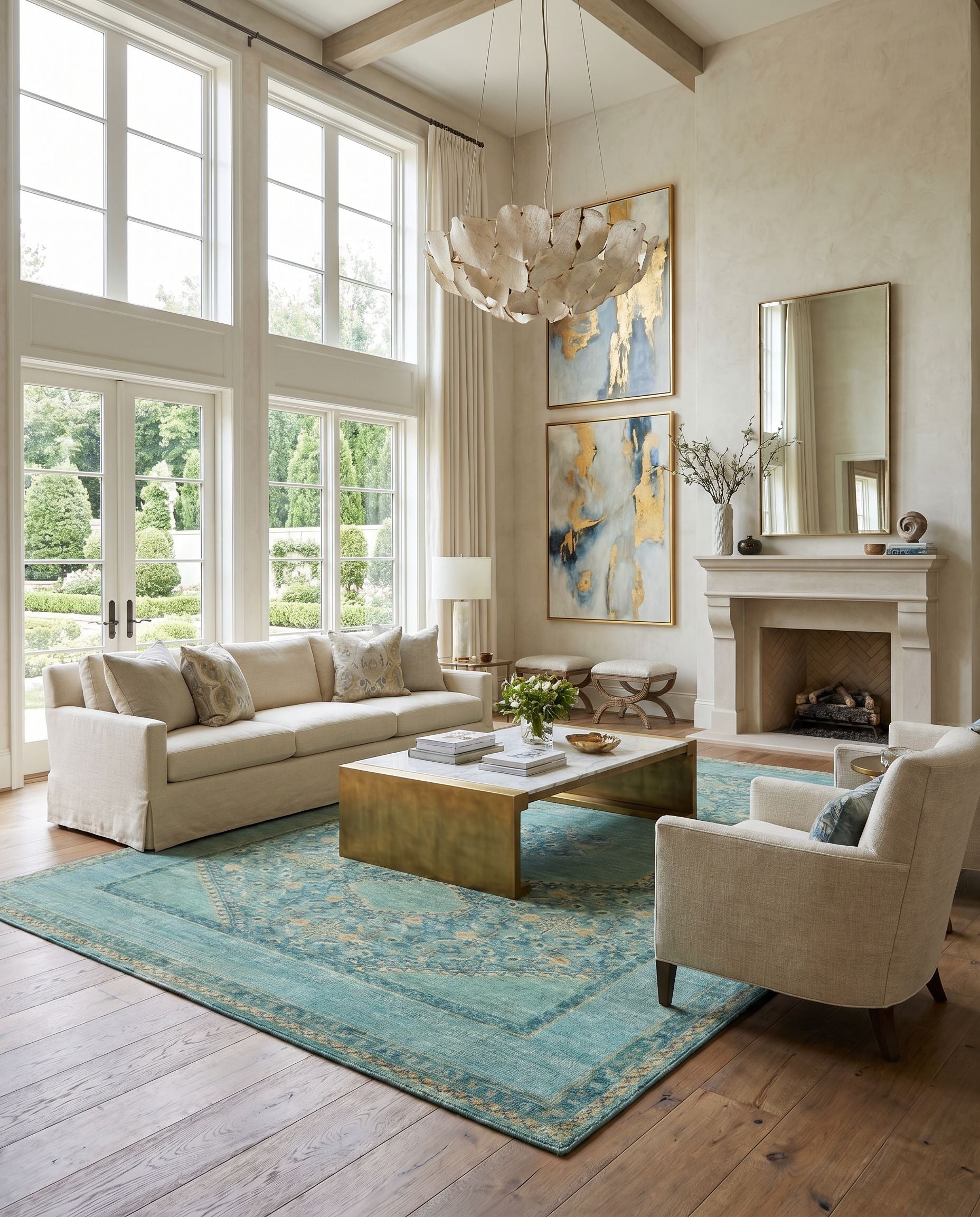 Haven HVN-1217 Hand Knotted Rug styled in an elegant designer living room — hand knotted traditional area rug in medium green, emerald, deep teal and olive tones