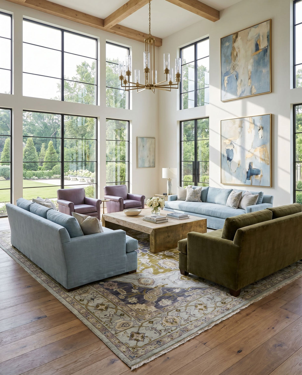 Zeus ZEU-7823 Hand Knotted Rug styled in an elegant designer living room — hand knotted traditional area rug in slate, navy, olive and mauve tones