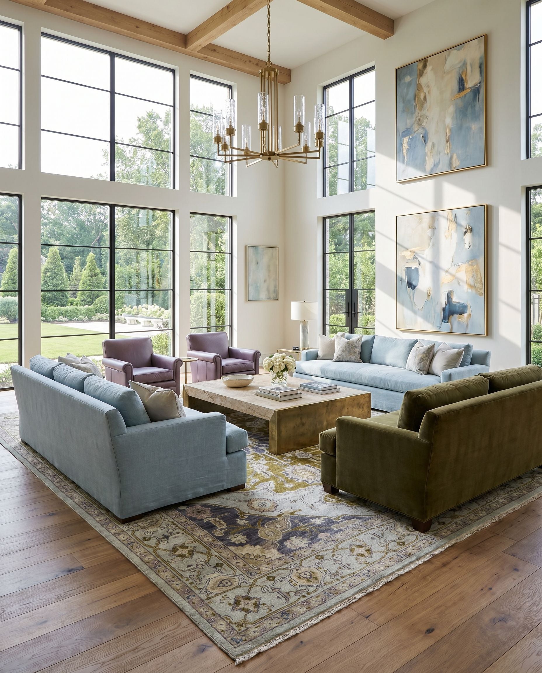Zeus ZEU-7823 Hand Knotted Rug styled in an elegant designer living room — hand knotted traditional area rug in slate, navy, olive and mauve tones