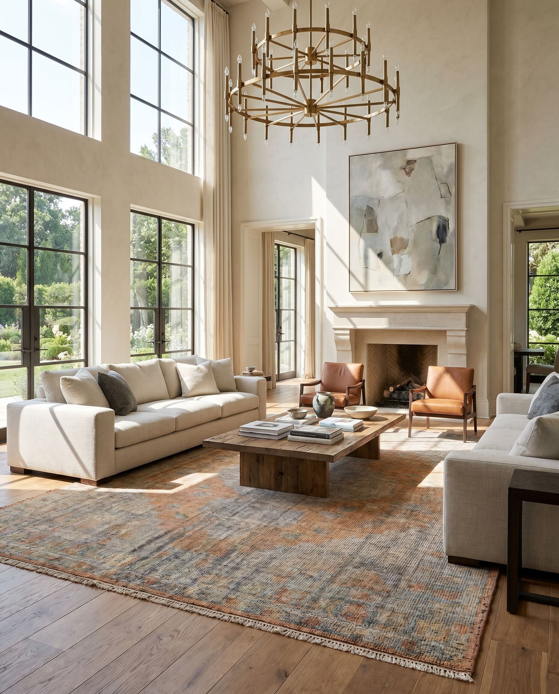 Nirvana NVN-2301 Hand Knotted Rug styled in an elegant designer living room — hand knotted traditional area rug in dusty coral, mustard, beige and medium gray tones