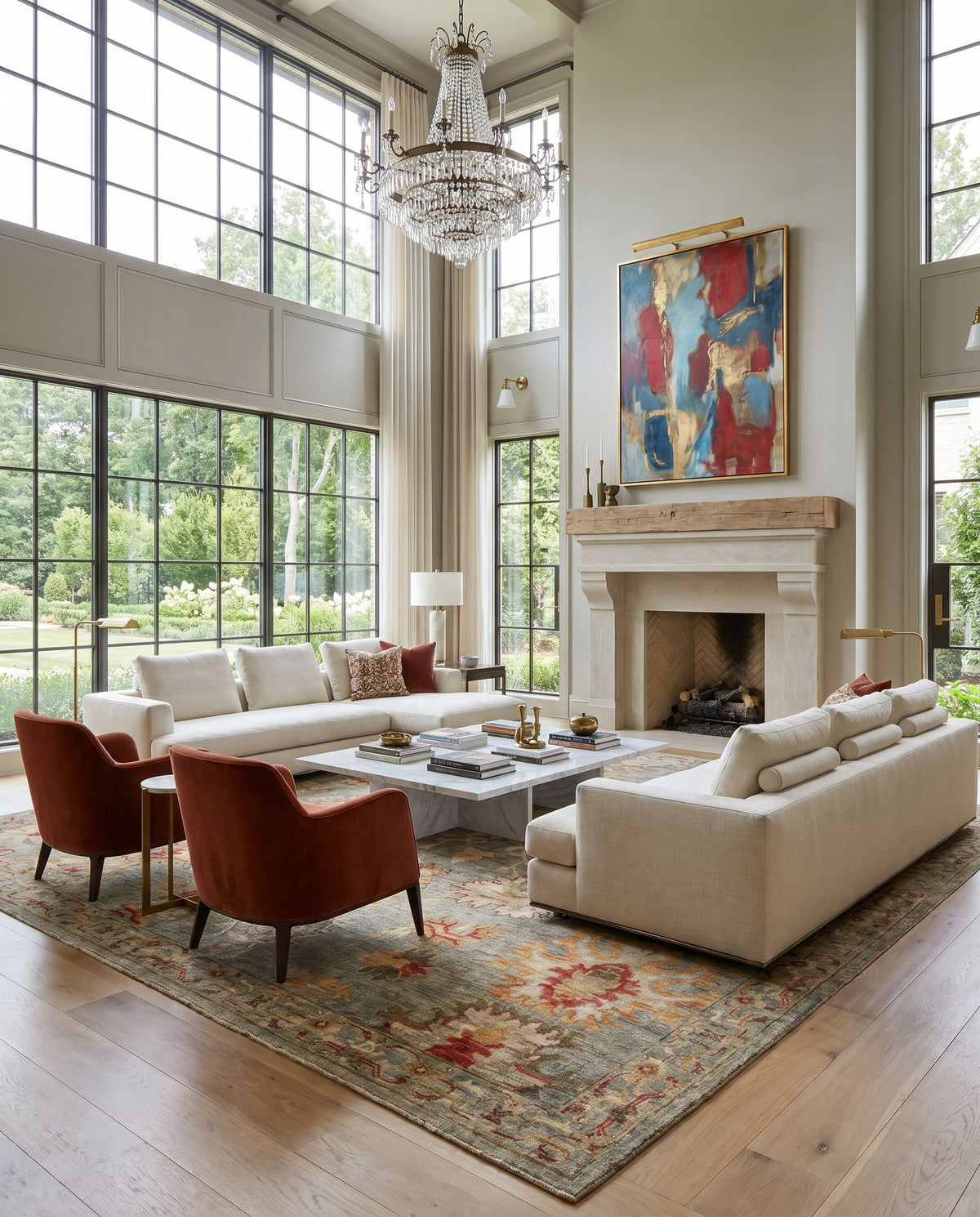 Ghazni GHZ-2307 Hand Knotted Rug styled in an elegant designer living room — hand knotted traditional area rug in light olive, olive, beige and camel tones