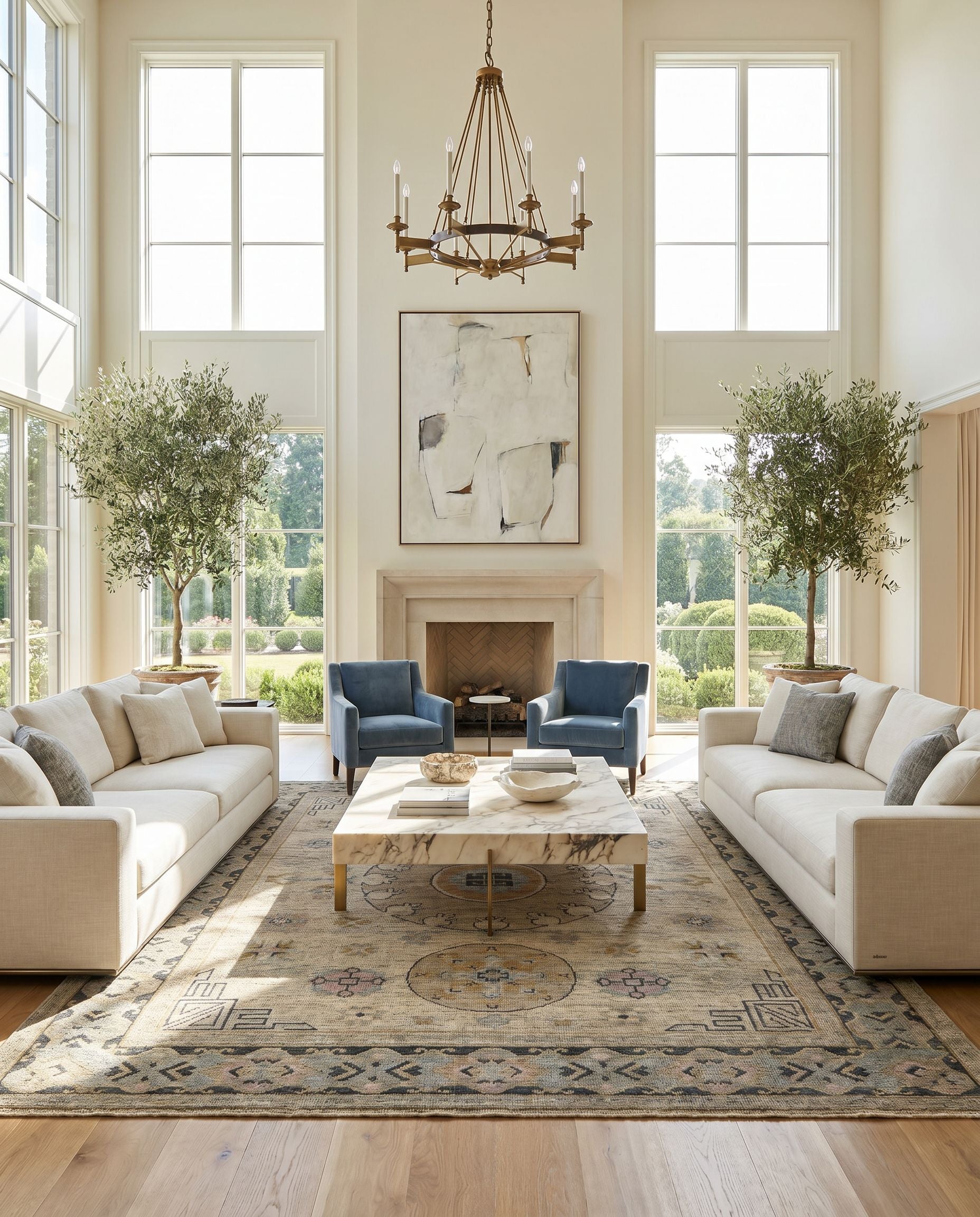 Smyrna SMY-2301 Hand Knotted Rug styled in an elegant designer living room — hand knotted traditional area rug in medium green, mustard, mauve and light blue tones