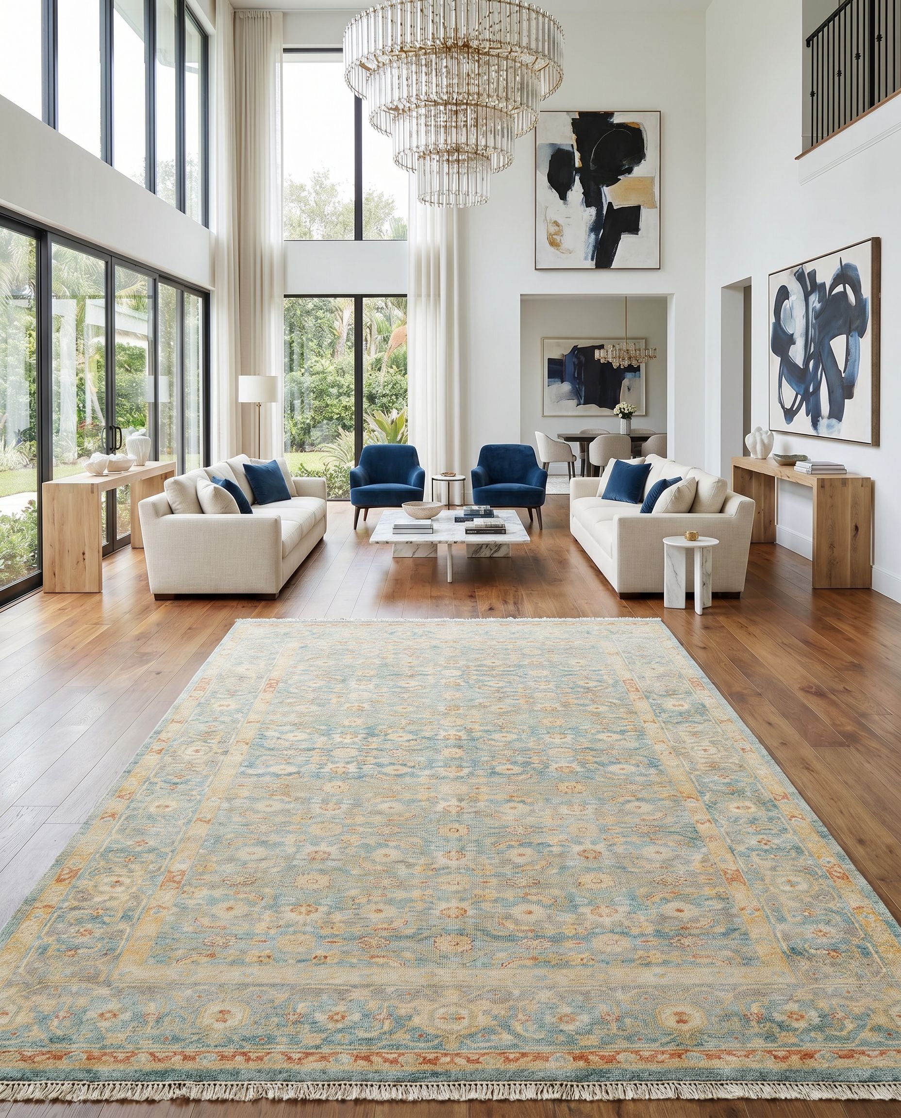 Hamadan HAM-2302 Hand Knotted Rug styled in an elegant designer living room — hand knotted traditional area rug in seafoam, rust, mustard and gray tones