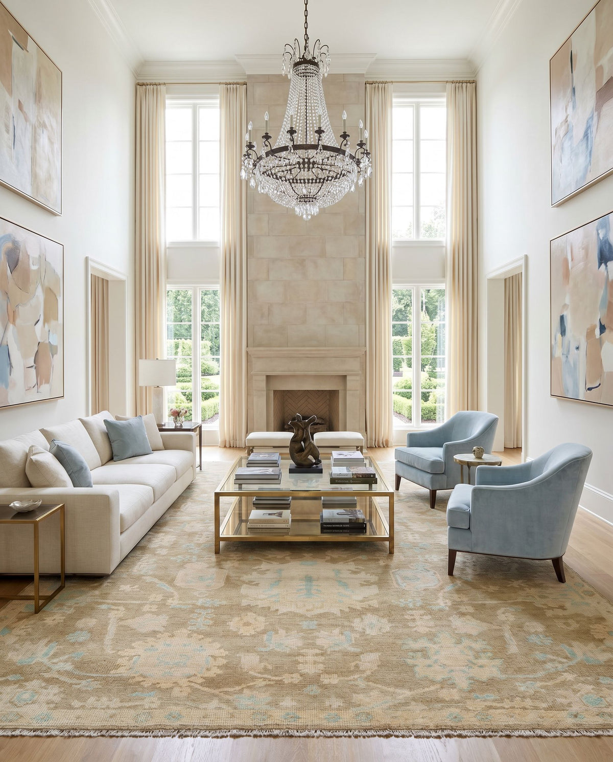 Antalya AAT-2309 Hand Knotted Rug styled in an elegant designer living room — hand knotted traditional area rug in denim, dark brown, taupe and blue tones