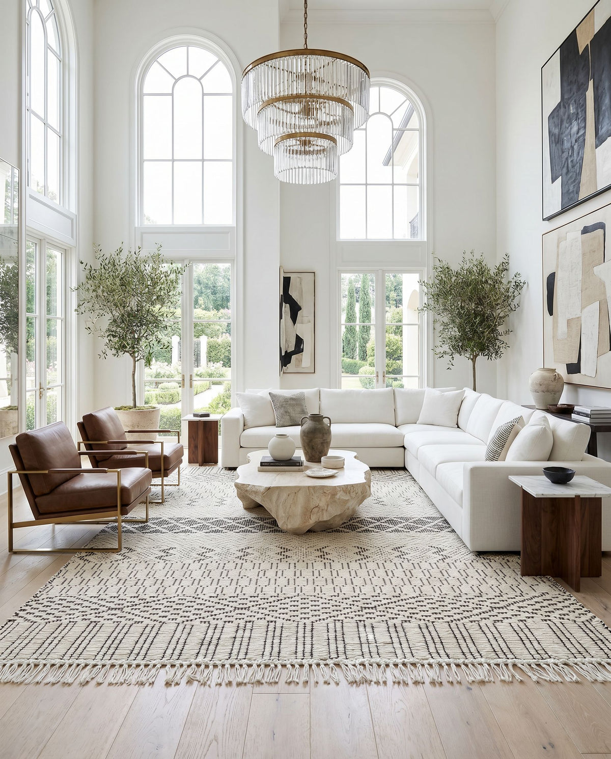 Saint Clair SIC-2302 Hand Woven Rug styled in an elegant designer living room — hand woven global area rug in black and cream tones