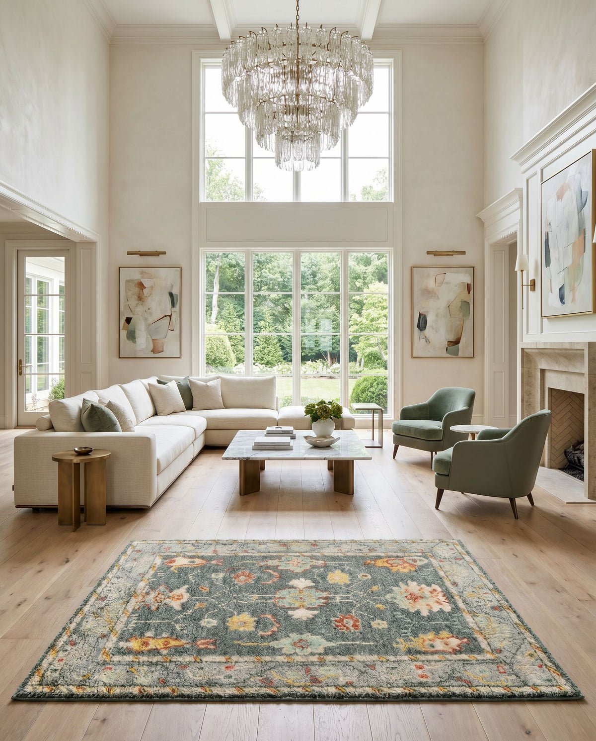 Marrakech MRK-2305 Hand Knotted Rug styled in an elegant designer living room — hand knotted traditional area rug in charcoal, mustard, rust and pale blue tones