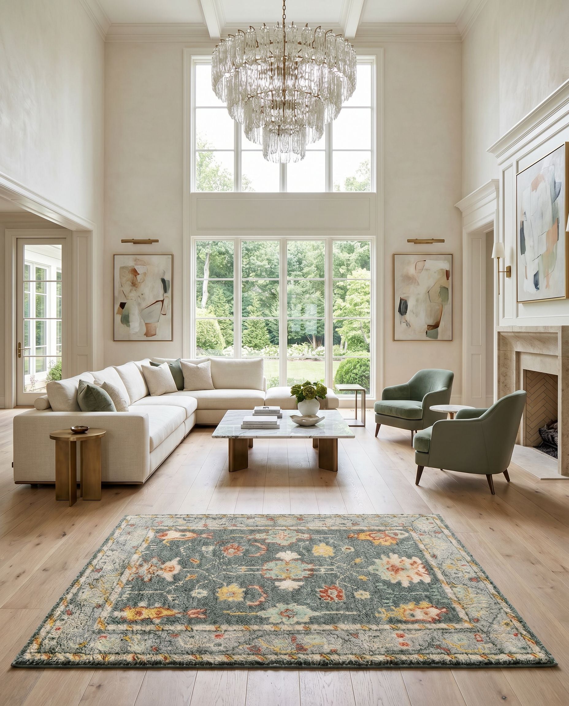 Marrakech MRK-2305 Hand Knotted Rug styled in an elegant designer living room — hand knotted traditional area rug in charcoal, mustard, rust and pale blue tones
