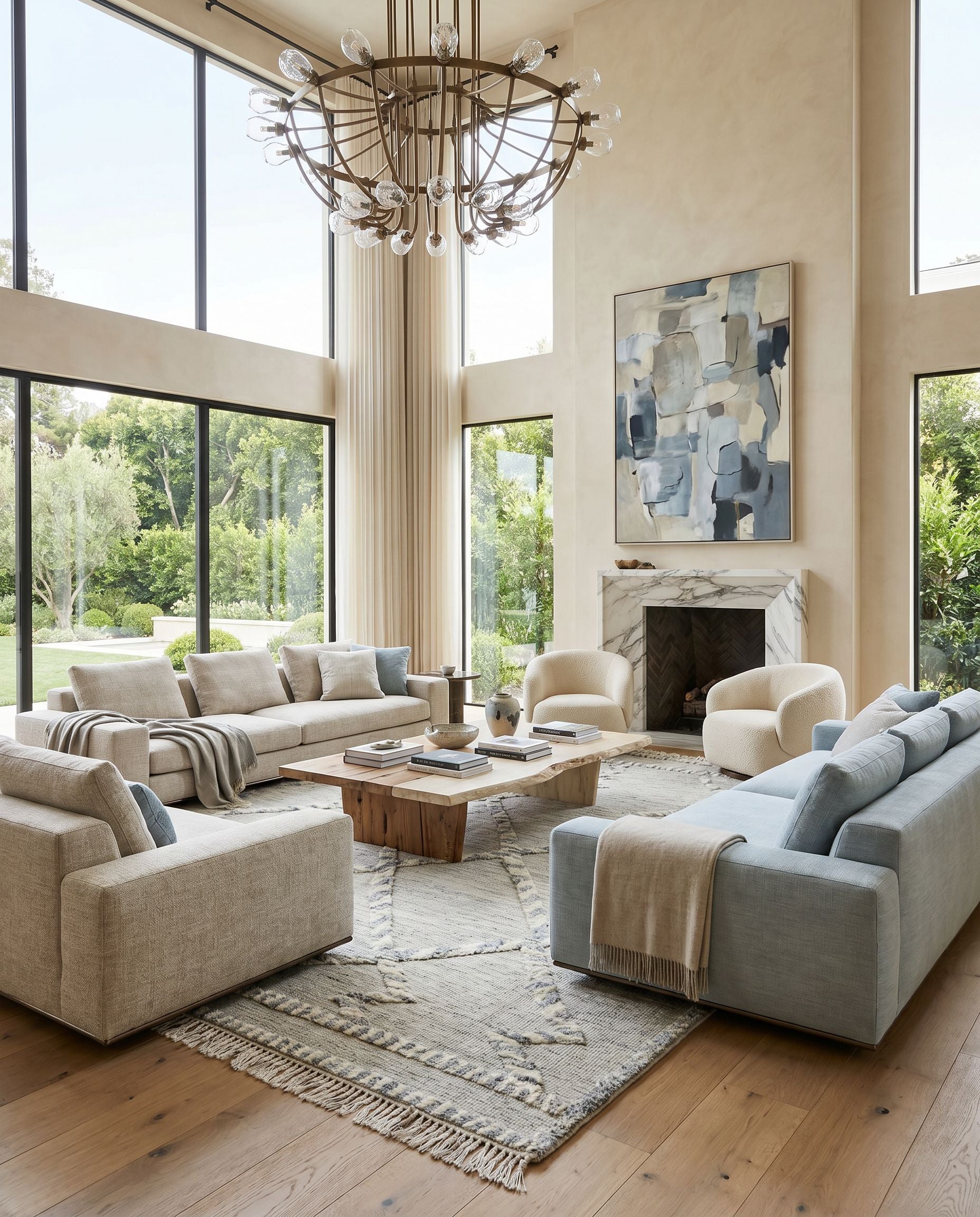 Cadiz CDZ-2301 Hand Knotted Rug styled in an elegant designer living room — hand knotted global area rug in medium gray, dark brown, ivory and medium brown tones