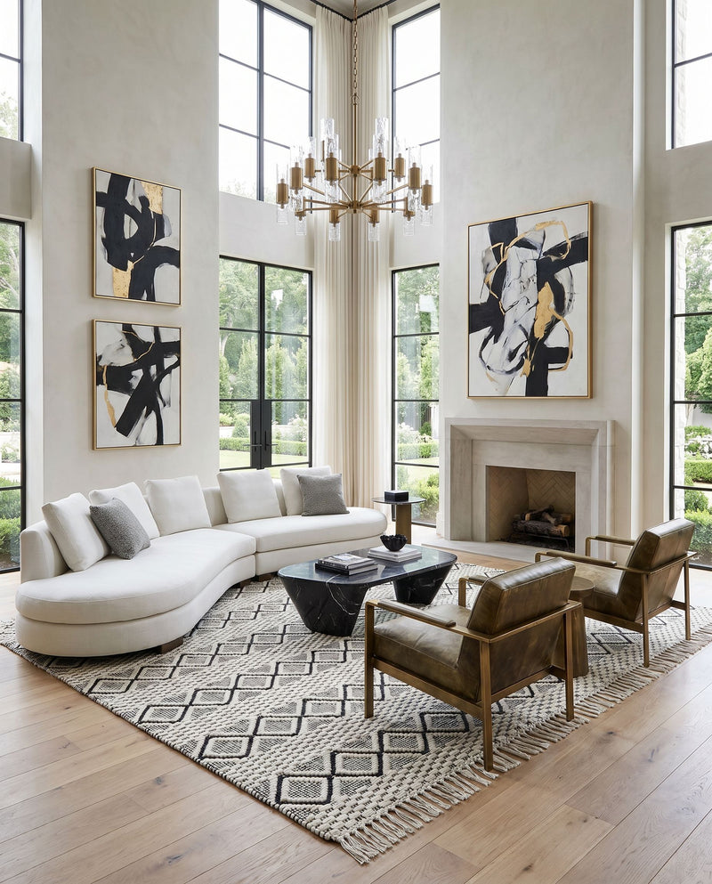 Saint Clair SIC-2301 Hand Woven Rug styled in an elegant designer living room — hand woven global area rug in black and cream tones