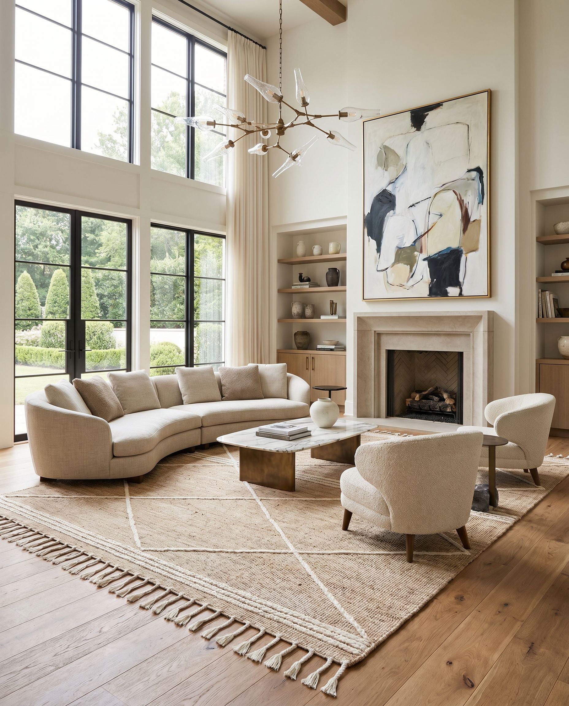 Norwood NWD-2304 Hand Woven Rug styled in an elegant designer living room — hand woven global area rug in tan and cream tones