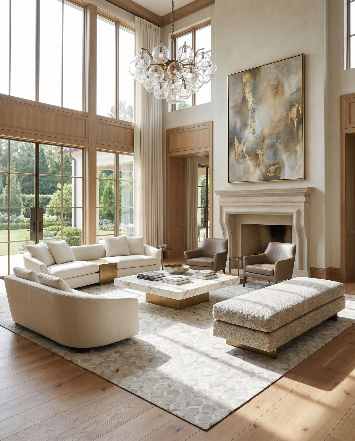 Medora MOD-1005 Hand Crafted Rug styled in an elegant designer living room — hand crafted modern area rug in medium brown, tan, cream and light gray tones