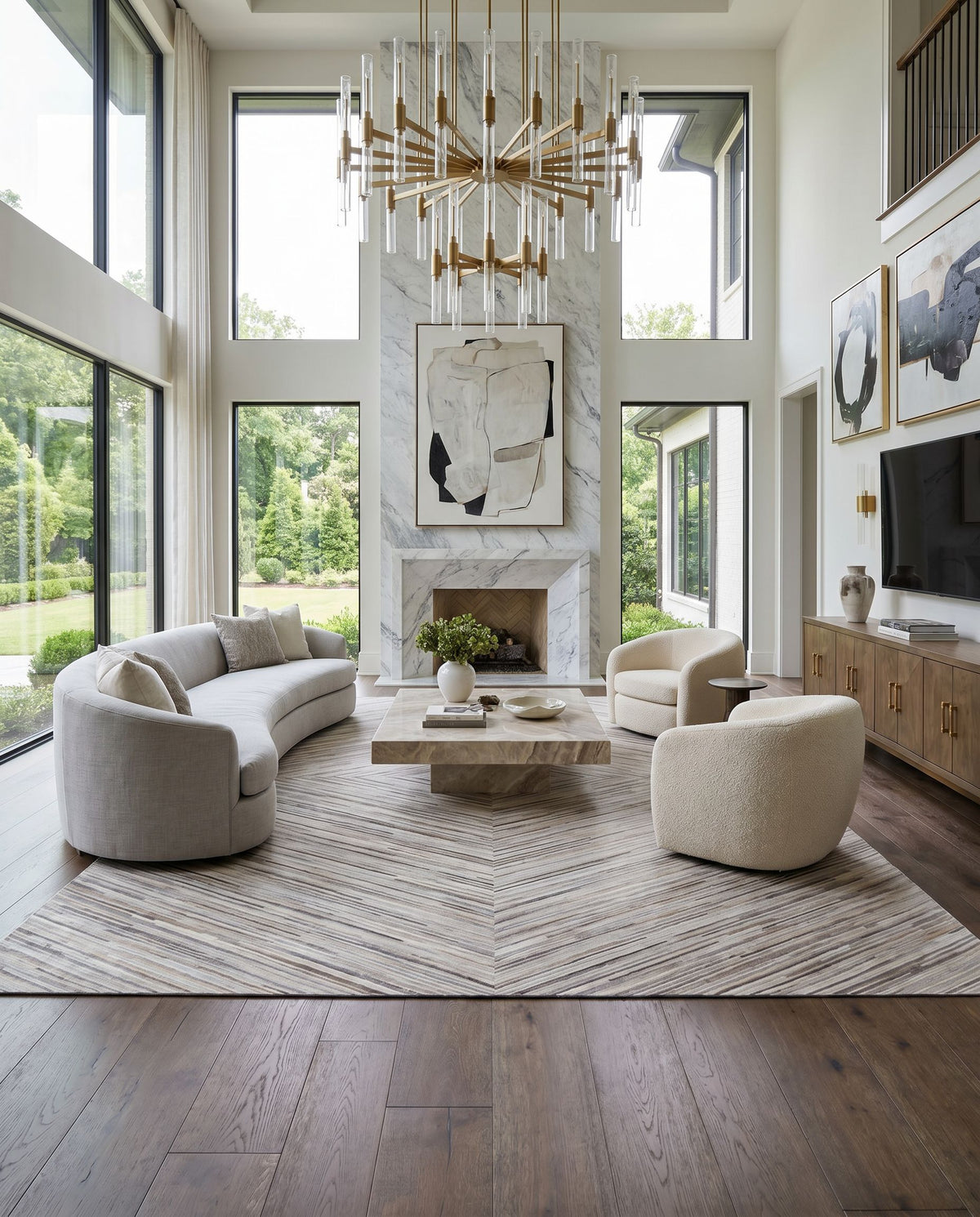 Zander ZND-1003 Hand Crafted Rug styled in an elegant designer living room — hand crafted modern area rug in cream, medium gray and brown tones