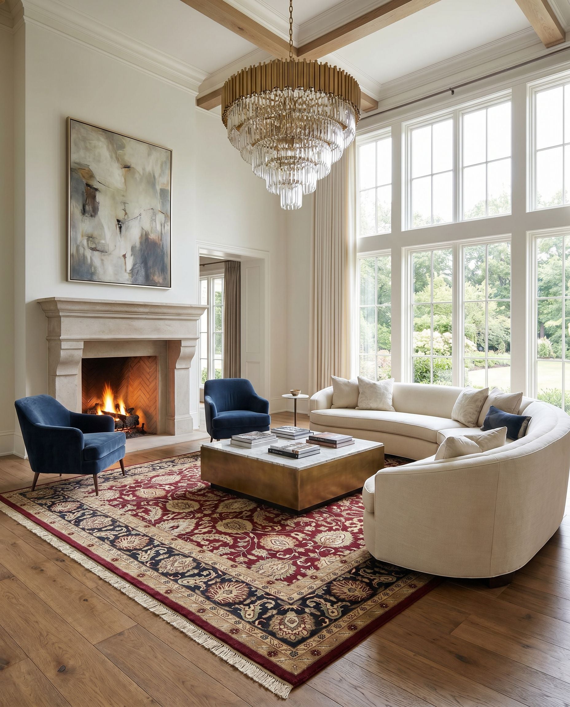 Taj Mahal TJ-6575 Hand Knotted Rug styled in an elegant designer living room — hand knotted traditional area rug in rust, black, mustard and light brown tones
