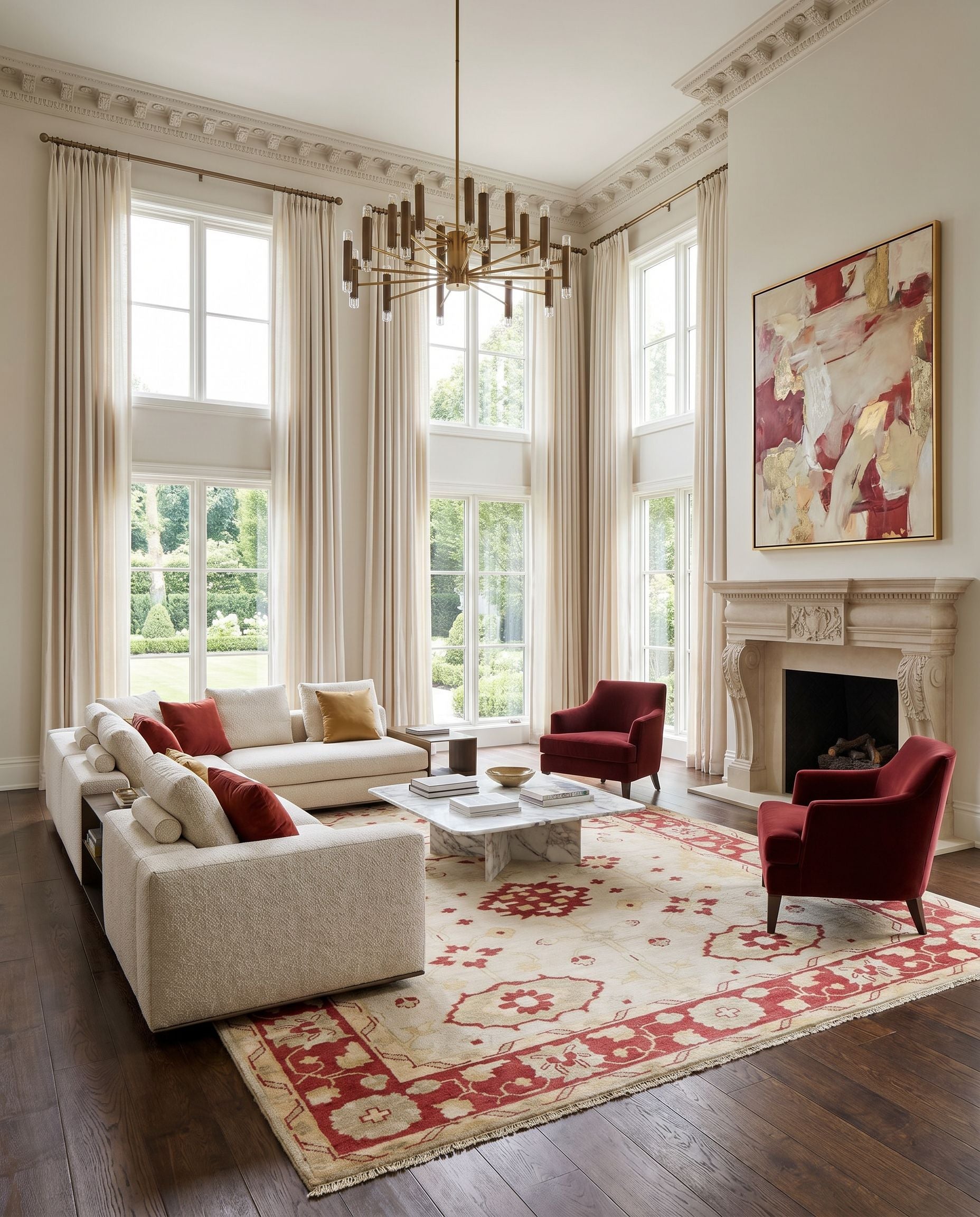 Antique ATQ-1009 Hand Knotted Rug styled in an elegant designer living room — hand knotted traditional area rug in burgundy, beige, tan and mustard tones