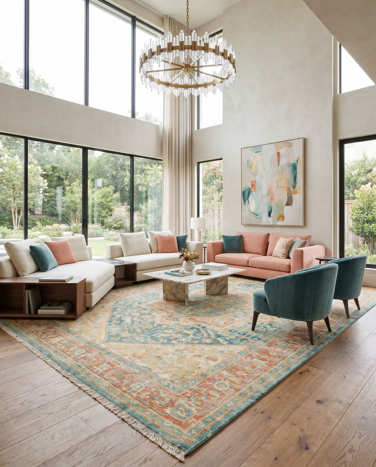 Hamadan HAM-2300 Hand Knotted Rug styled in an elegant designer living room — hand knotted traditional area rug in saffron, camel, light beige and sage tones
