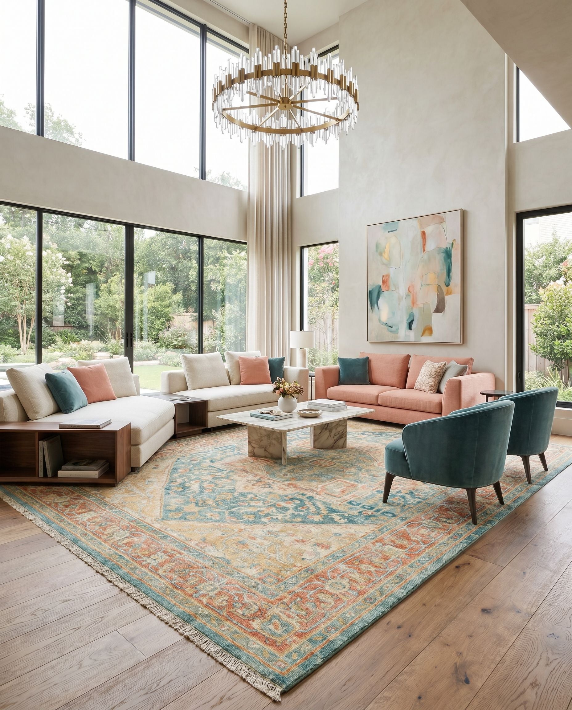 Hamadan HAM-2300 Hand Knotted Rug styled in an elegant designer living room — hand knotted traditional area rug in saffron, camel, light beige and sage tones