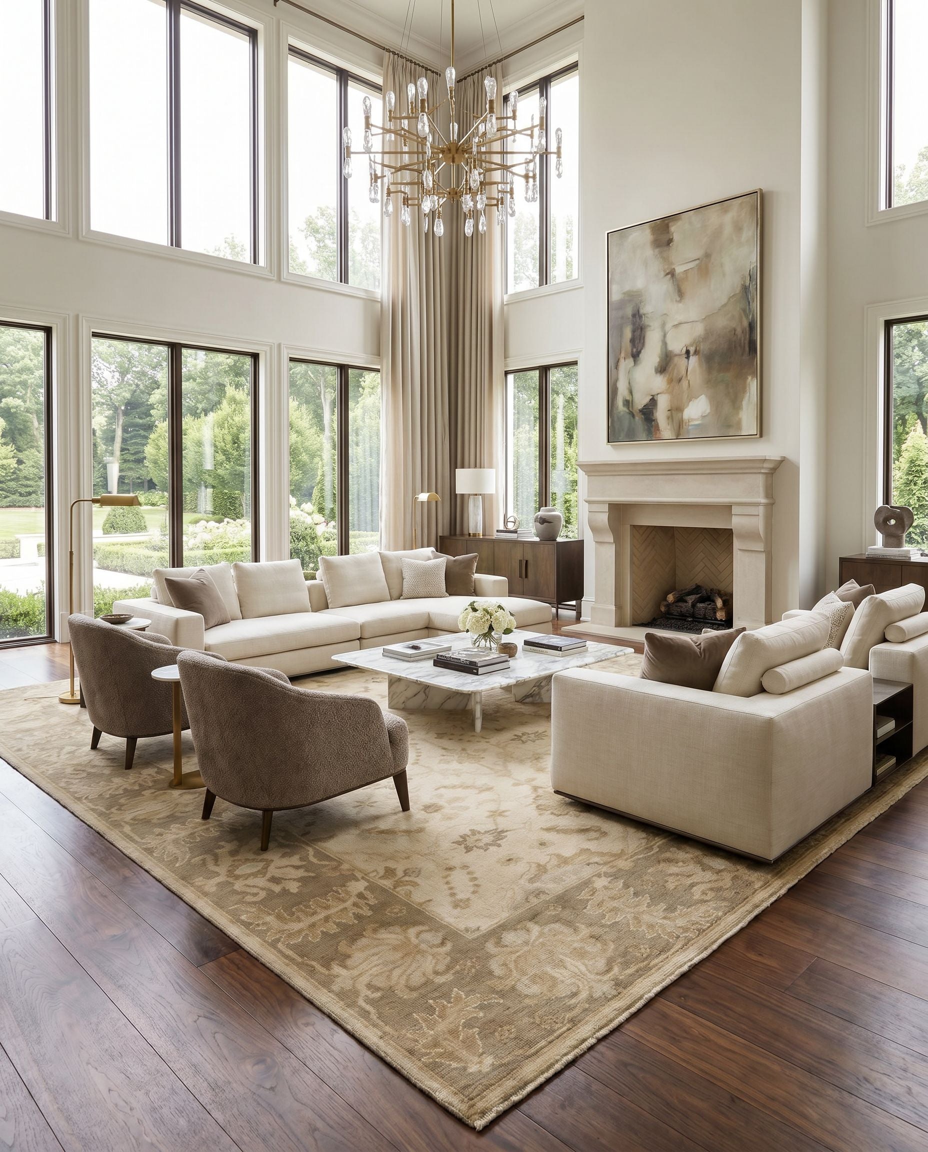 Ainsley AIN-1017 Hand Knotted Rug styled in an elegant designer living room — hand knotted traditional area rug in ice blue, light beige and wheat tones