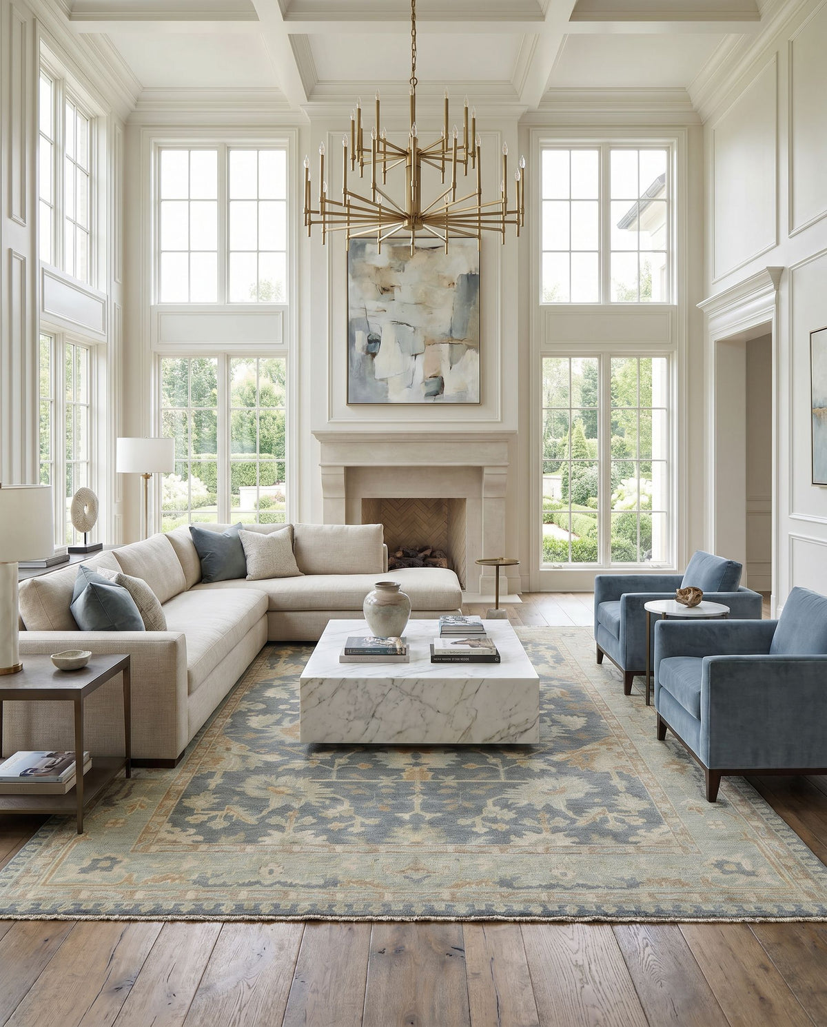 Cappadocia CPP-5020 Hand Knotted Rug styled in an elegant designer living room — hand knotted traditional area rug in medium gray, seafoam, cream and taupe tones