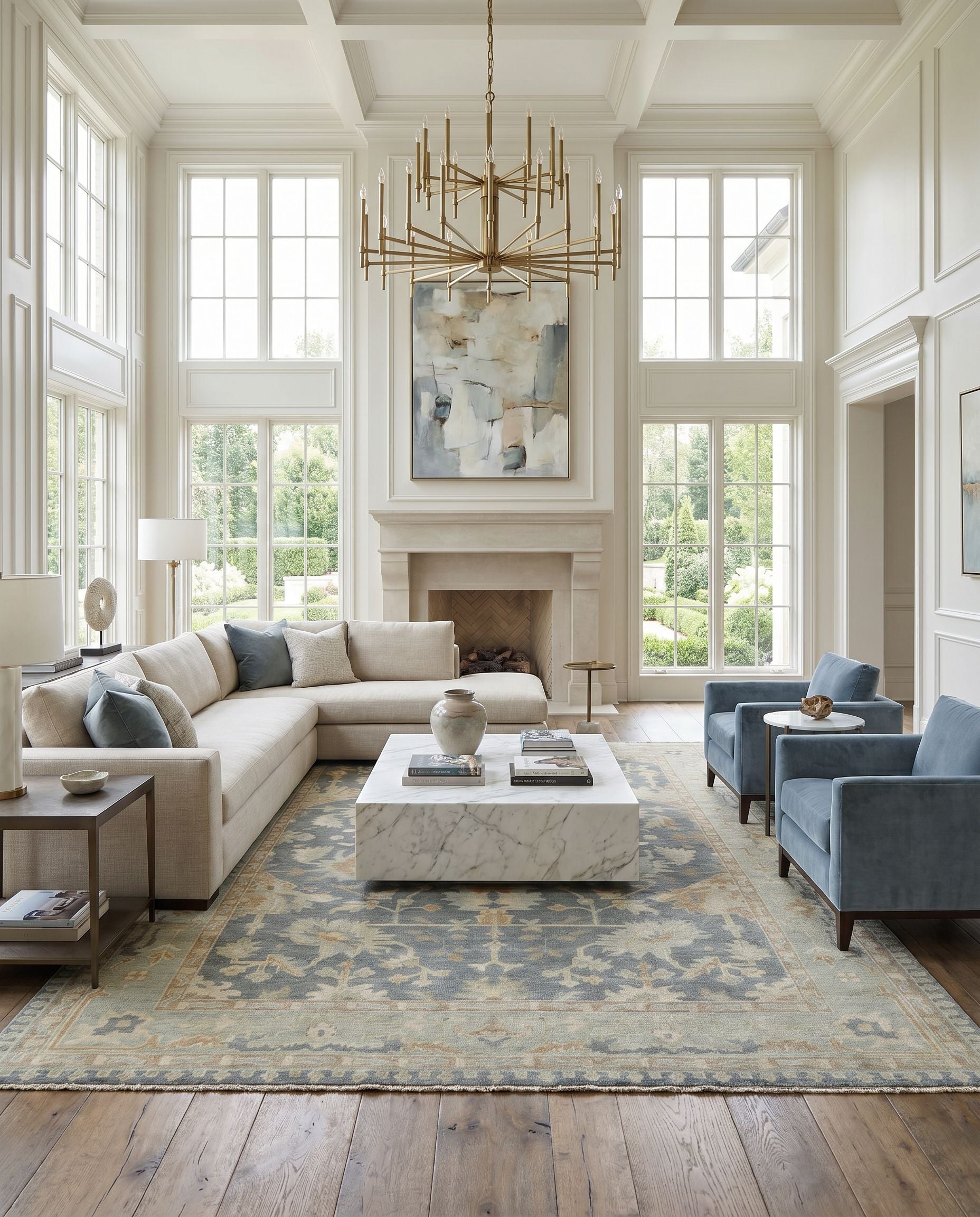 Cappadocia CPP-5020 Hand Knotted Rug styled in an elegant designer living room — hand knotted traditional area rug in medium gray, seafoam, cream and taupe tones