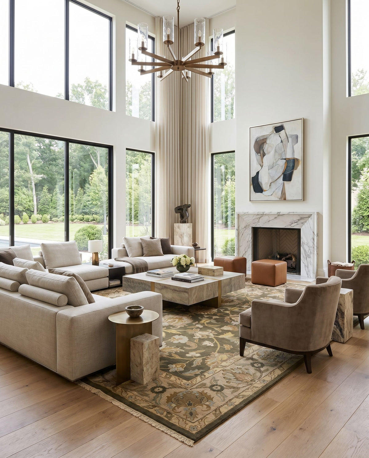 Soumek SMK-74 Hand Knotted Rug styled in an elegant designer living room — hand knotted traditional area rug in tan, beige, olive and dark brown tones