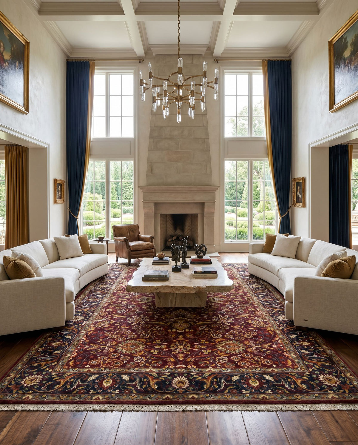 Taj Mahal TJ-6601 Hand Knotted Rug styled in an elegant designer living room — hand knotted traditional area rug in burgundy, sage, black and mustard tones