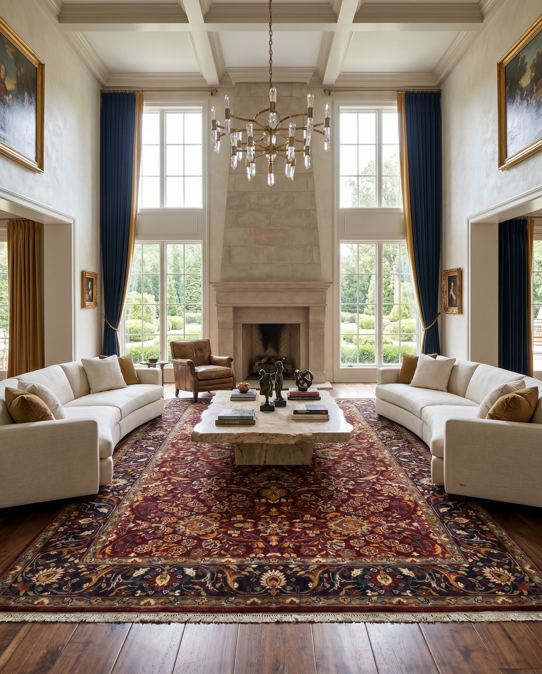 Taj Mahal TJ-6601 Hand Knotted Rug styled in an elegant designer living room — hand knotted traditional area rug in burgundy, sage, black and mustard tones