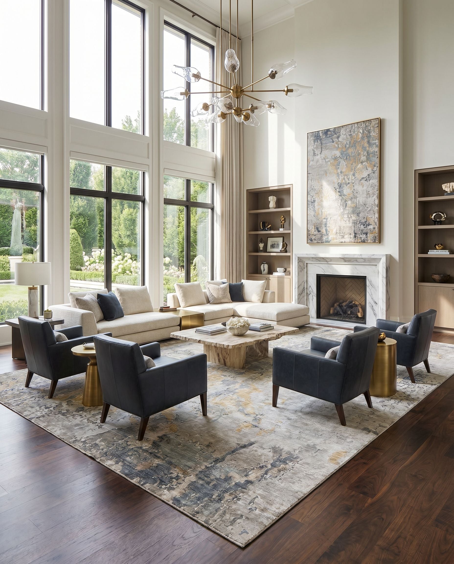 Imola IML-1001 Hand Knotted Rug styled in an elegant designer living room — hand knotted modern area rug in beige, light gray, light sage and gray tones