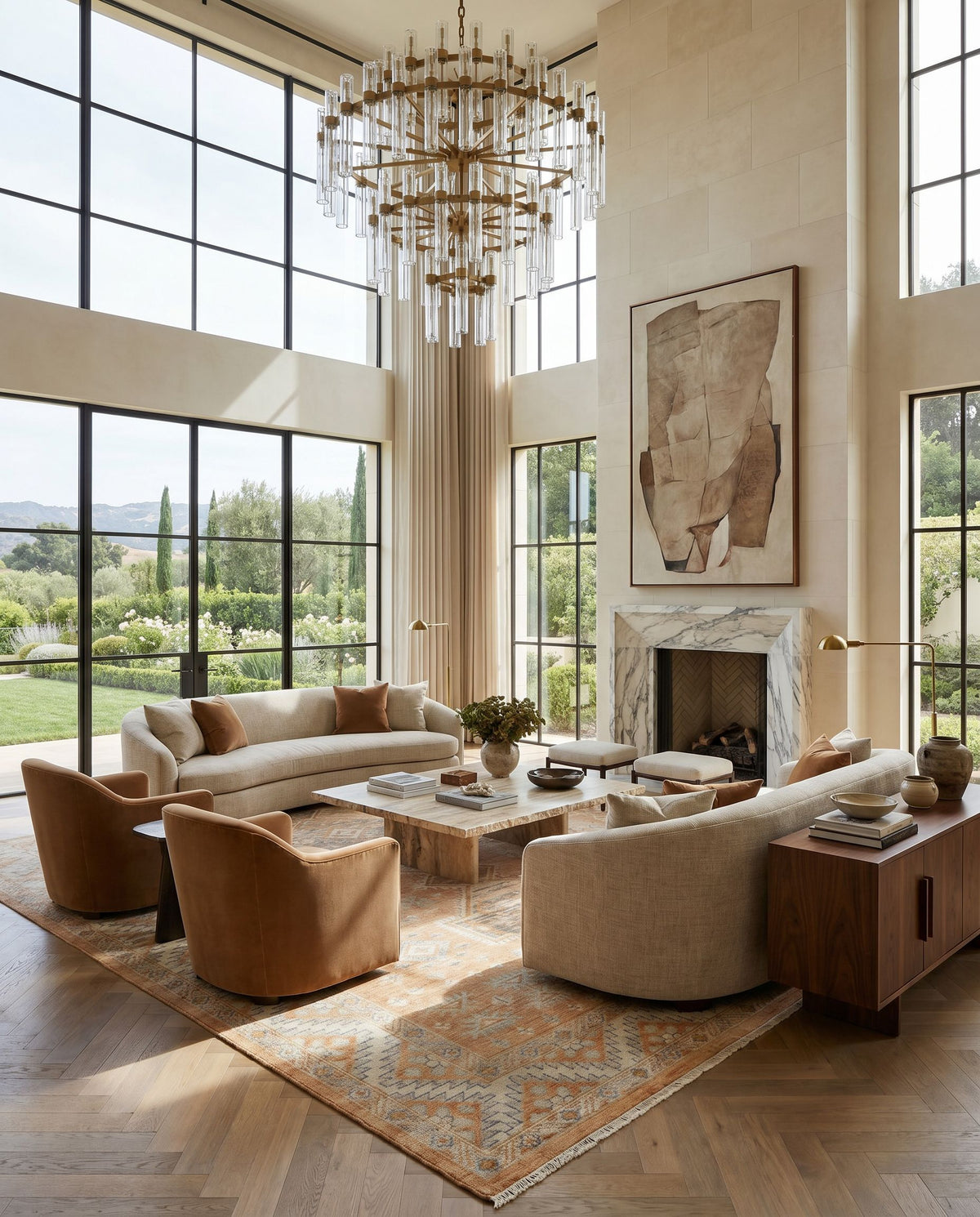 Bunyan BYN-2304 Hand Knotted Rug styled in an elegant designer living room — hand knotted traditional area rug in peach, slate and ivory tones