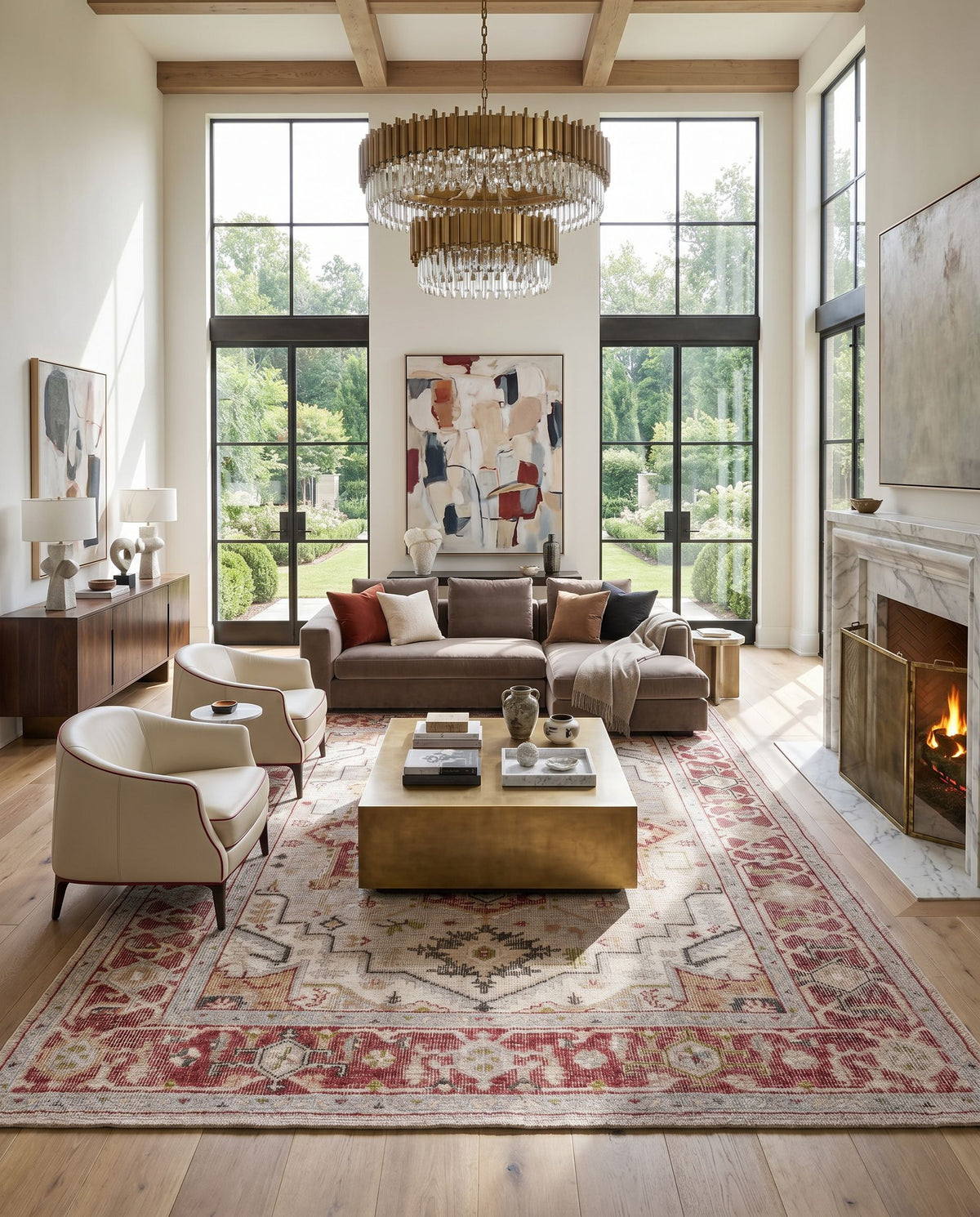 Revere RVE-2306 Hand Knotted Rug styled in an elegant designer living room — hand knotted traditional area rug in rust, charcoal, brown and pale blue tones