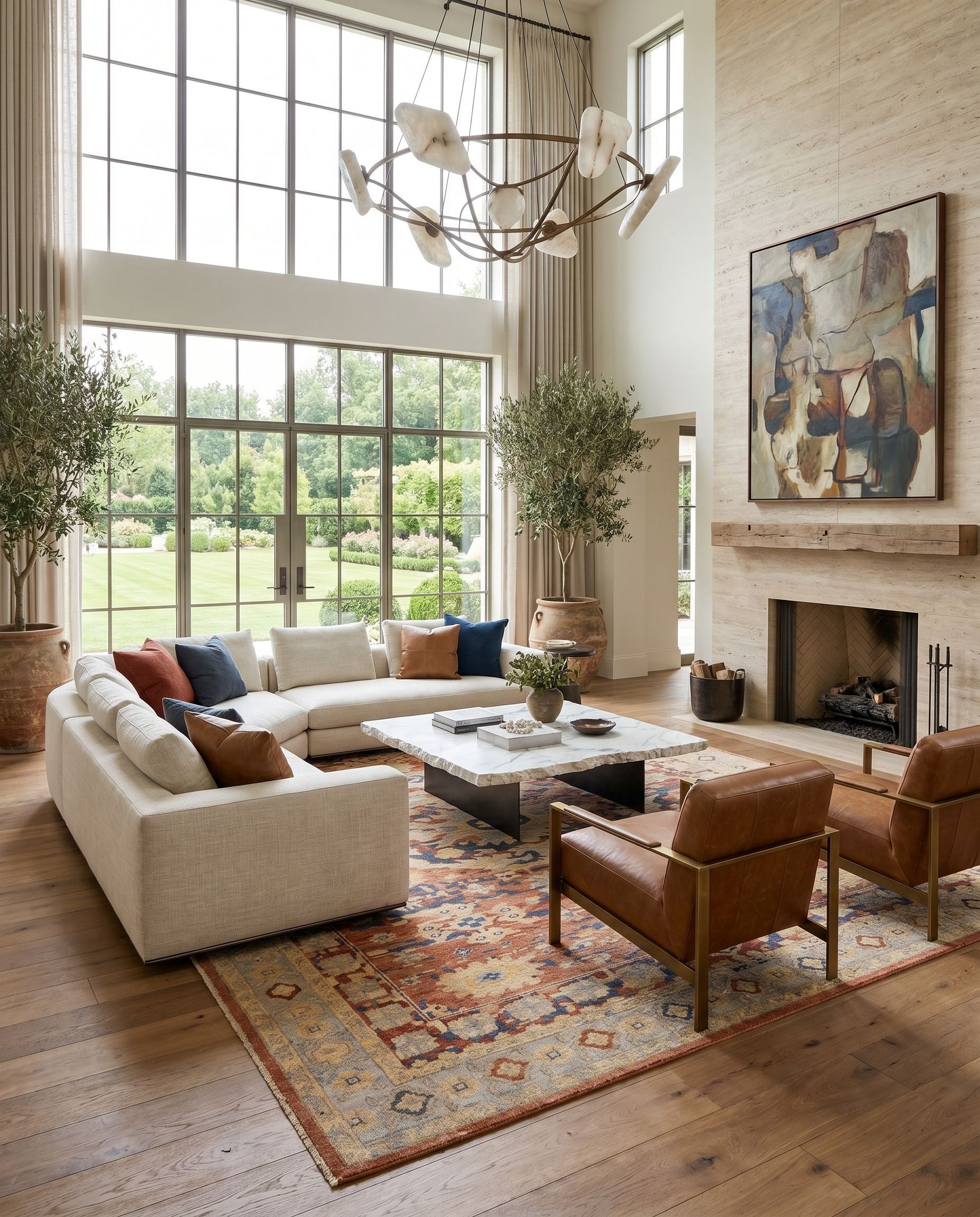Cappadocia CPP-5026 Hand Knotted Rug styled in an elegant designer living room — hand knotted traditional area rug in rust, light sage, slate and tan tones