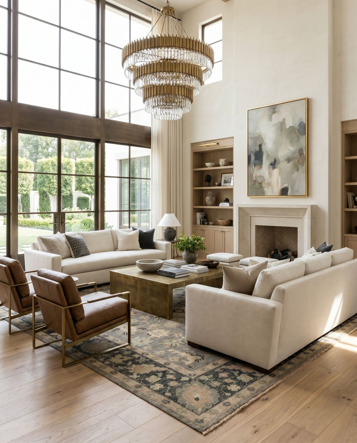 Reign REG-2320 Hand Knotted Rug styled in an elegant designer living room — hand knotted traditional area rug in beige, brown, olive and black tones