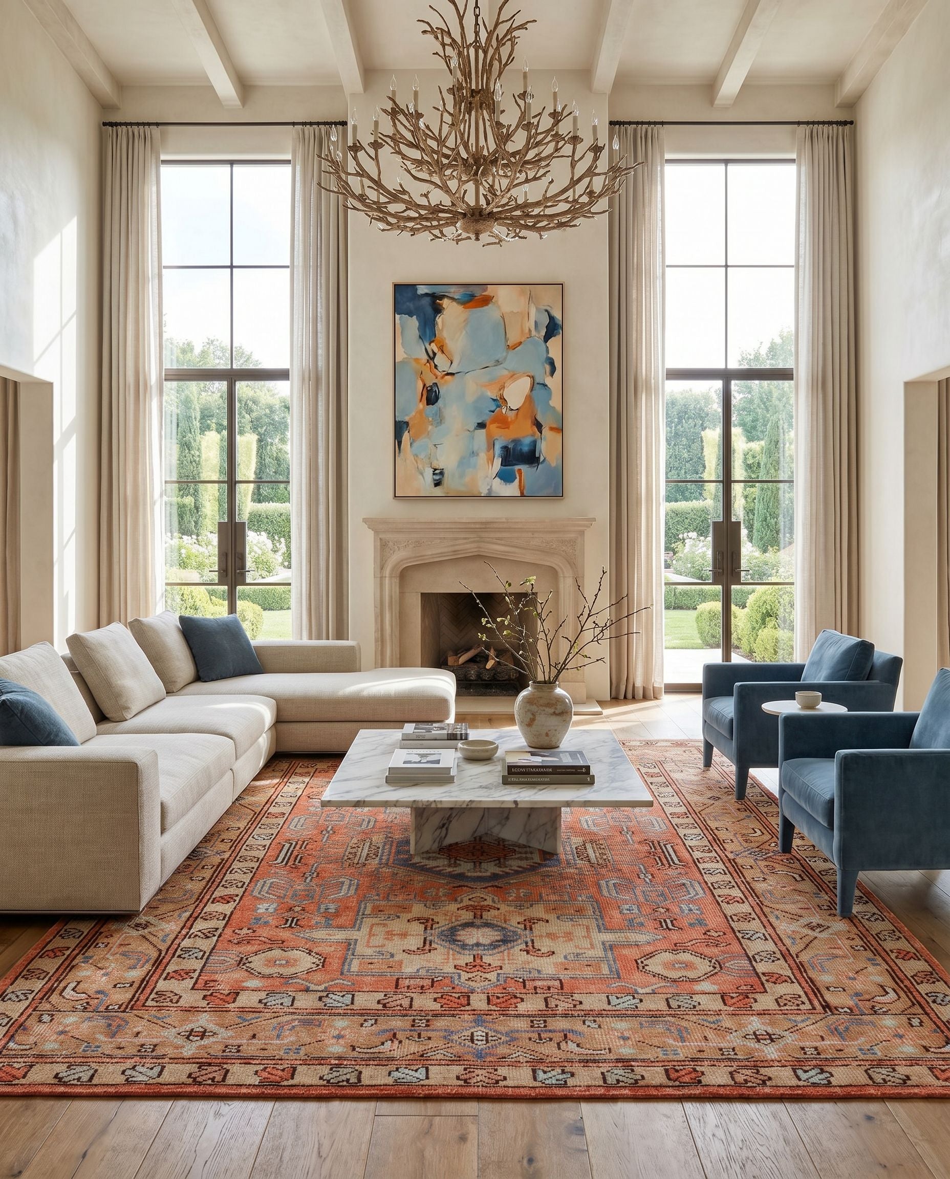 Kars KSA-2305 Hand Knotted Rug styled in an elegant designer living room — hand knotted traditional area rug in coral, blue, pale blue and tan tones
